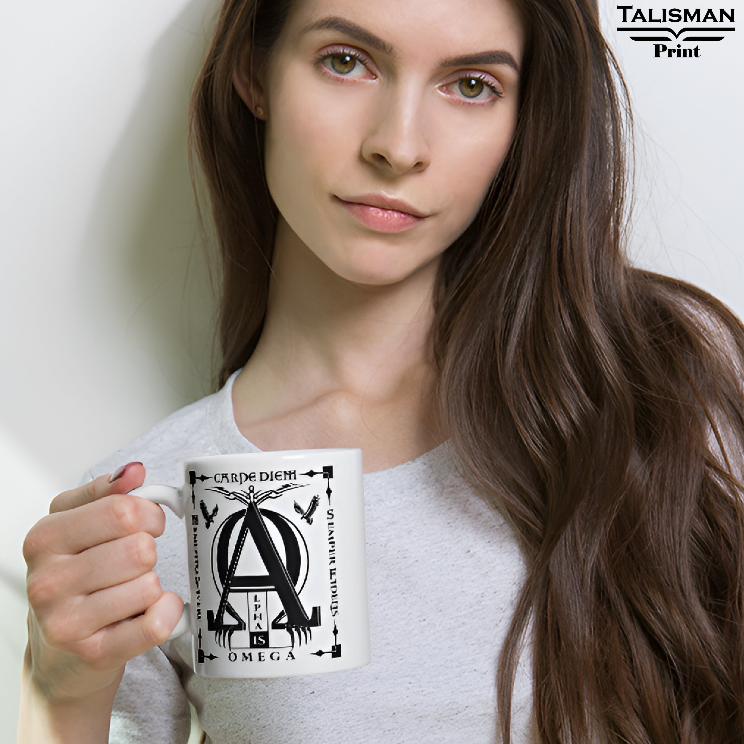 White Glossy 'Alpha is Omega’ Latin Talisman Graphic Valhalla Mug