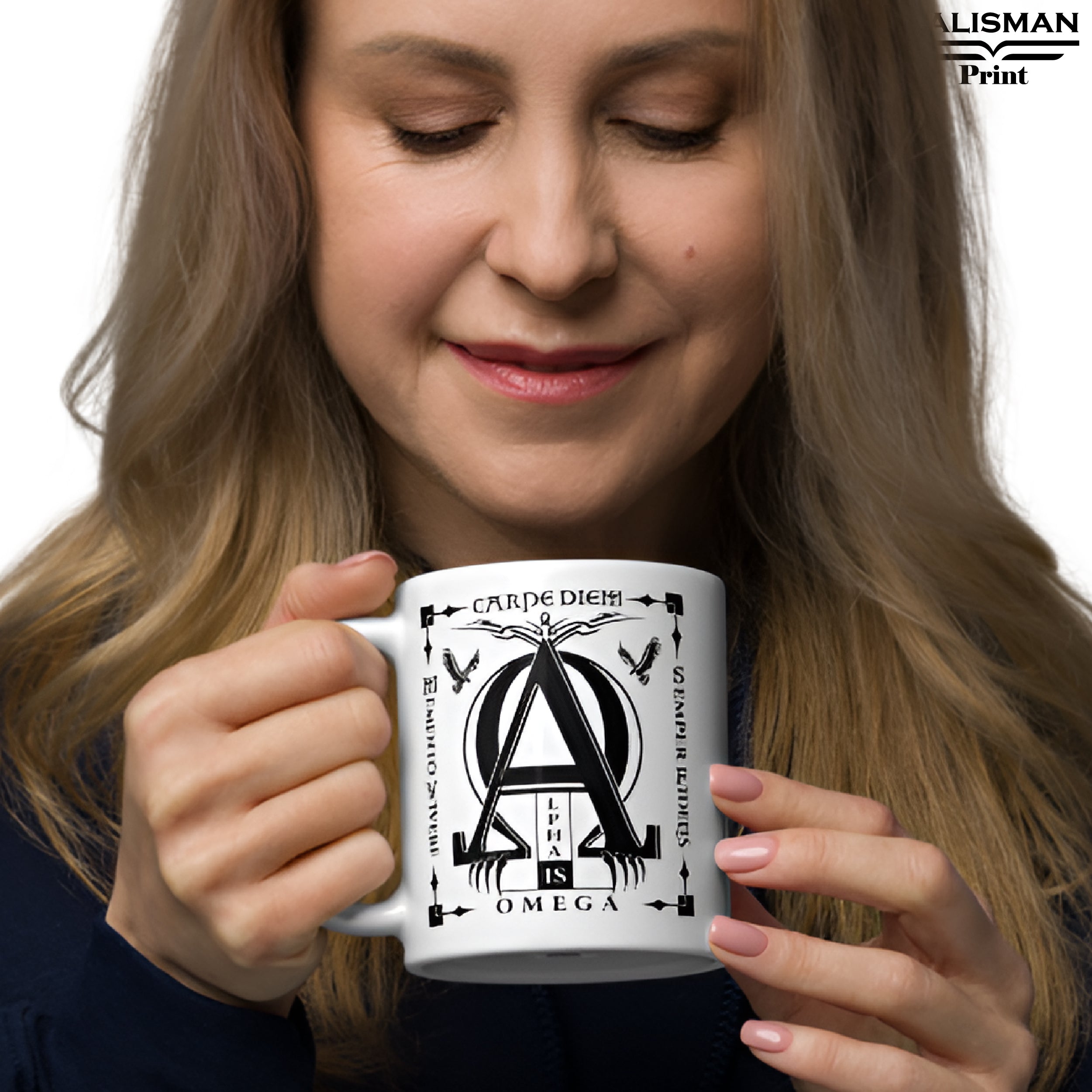 White Glossy 'Alpha is Omega’ Latin Talisman Graphic Valhalla Mug