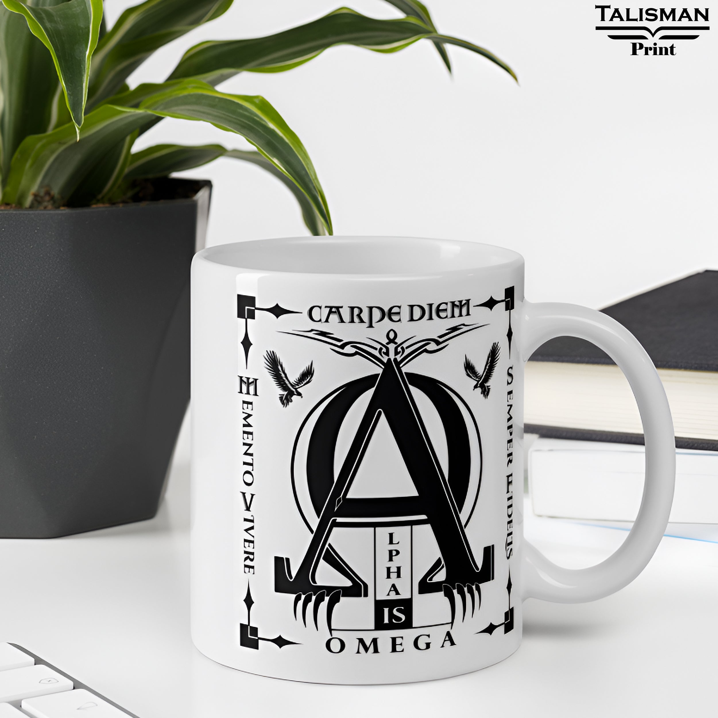 White Glossy 'Alpha is Omega’ Latin Talisman Graphic Valhalla Mug