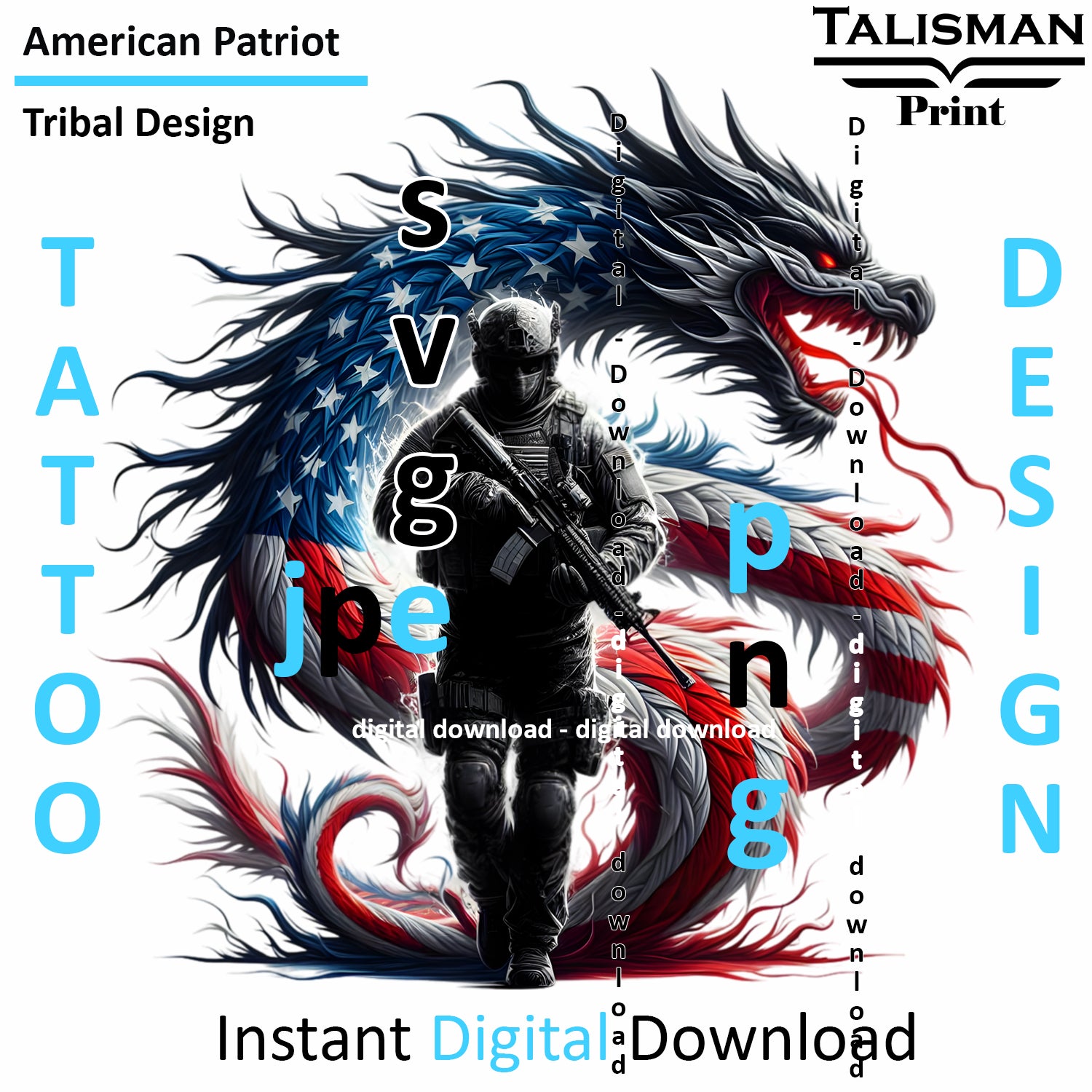 Dragon X Patriot - Digital Art | PNG, JPEG & SVG | Instant Download for Apparel, Décor and Wall Art