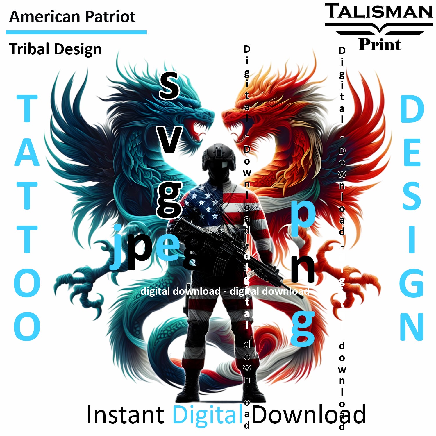 Dragon X Patriot - Digital Art | PNG, JPEG & SVG | Instant Download for Apparel, Décor and Wall Art