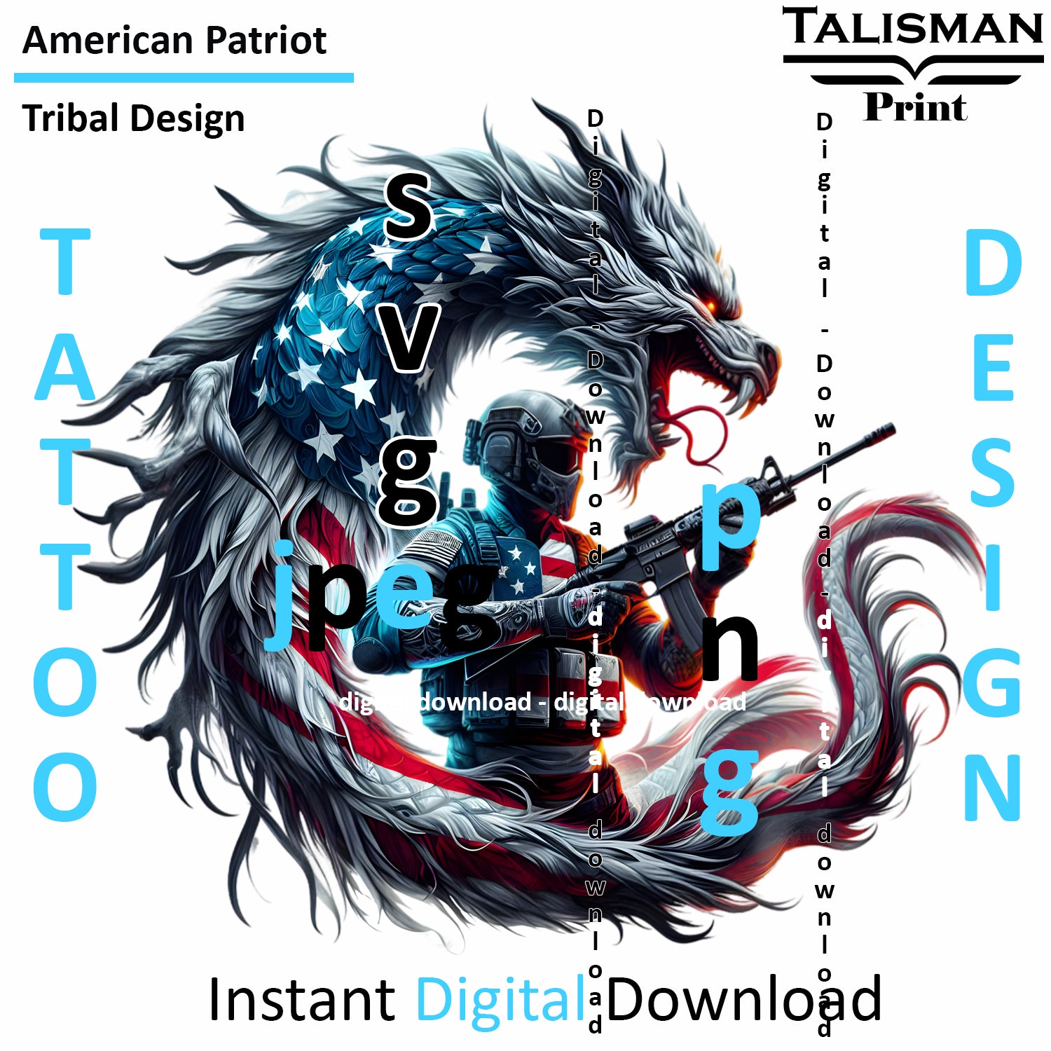 Dragon X Patriot - Digital Art | PNG, JPEG & SVG | Instant Download for Apparel, Décor and Wall Art