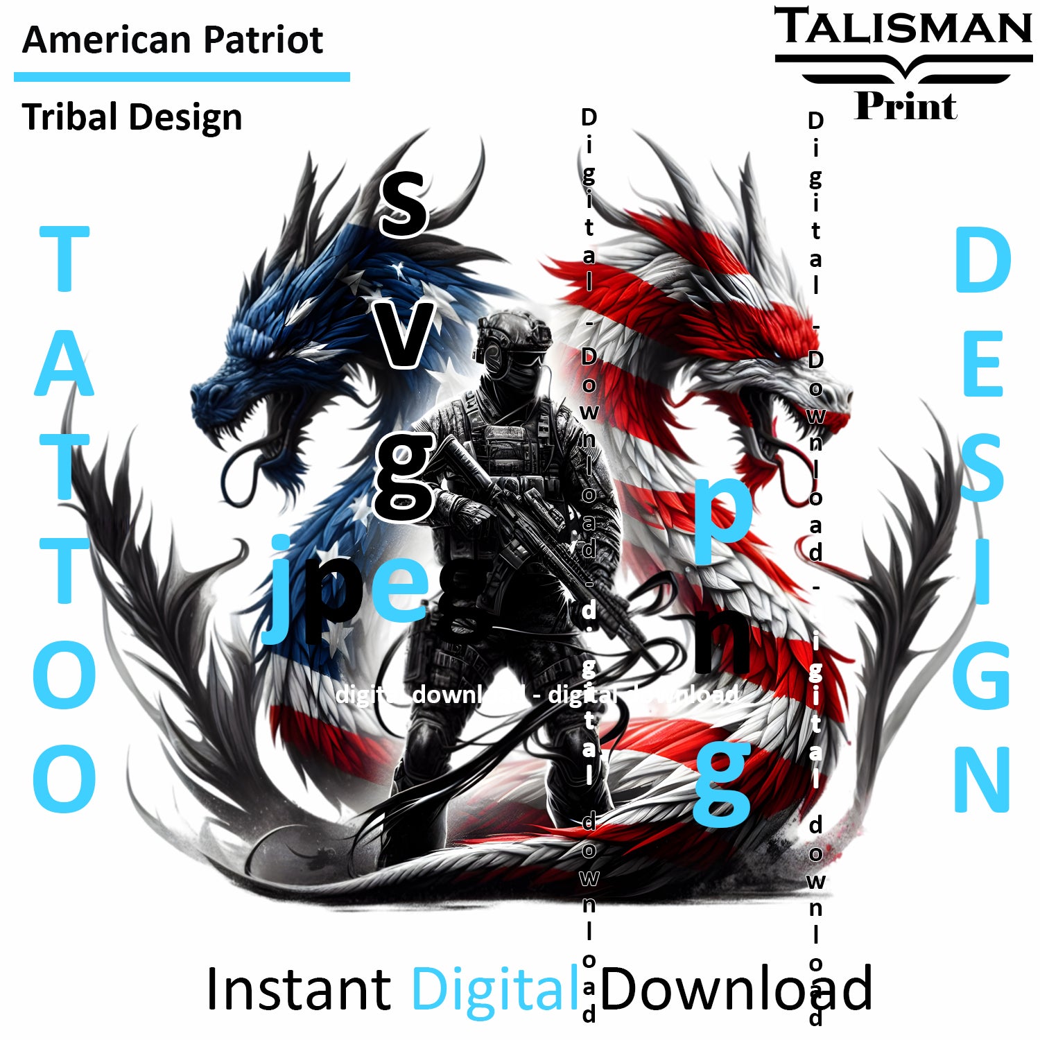 Dragon X Patriot - Digital Art | PNG, JPEG & SVG | Instant Download for Apparel, Décor and Wall Art