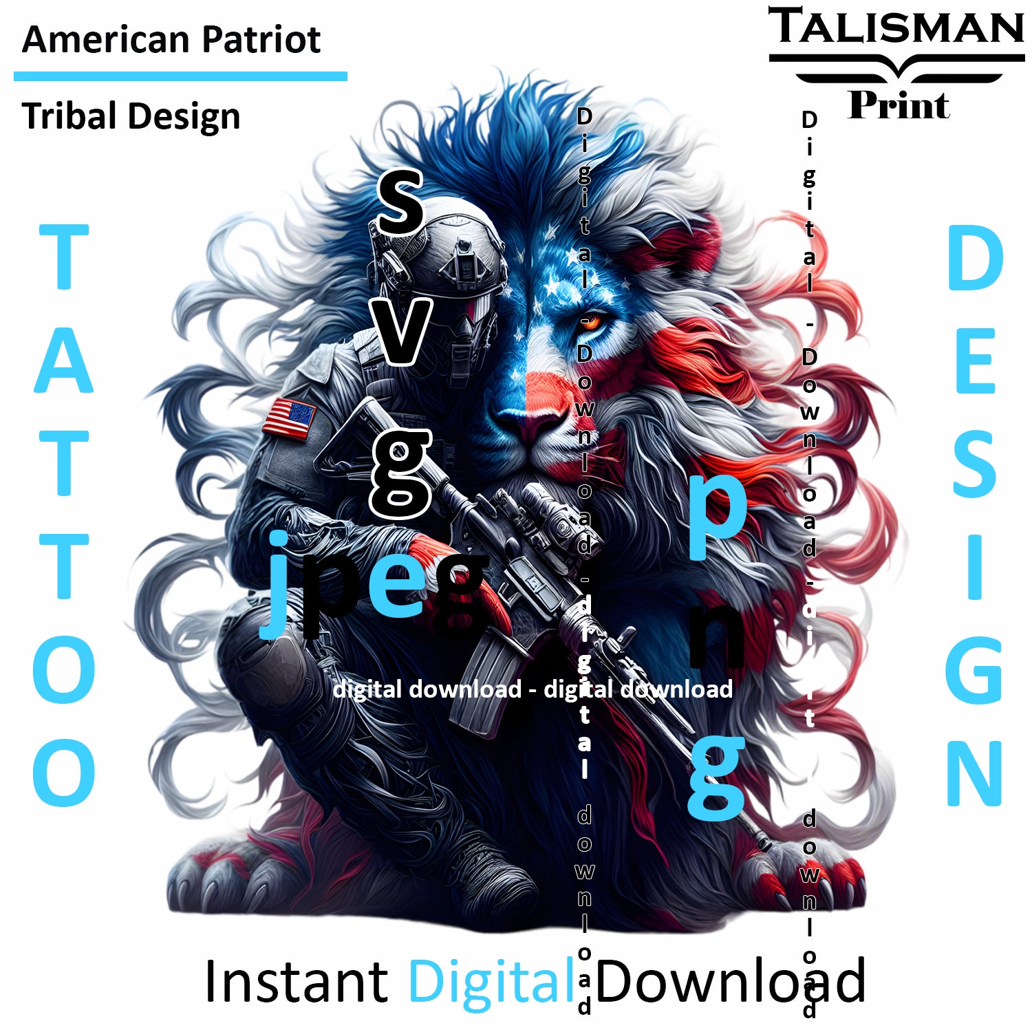 Lion X Patriot - Digital Art | PNG, JPEG & SVG | Instant Download for Apparel, Décor and Wall Art