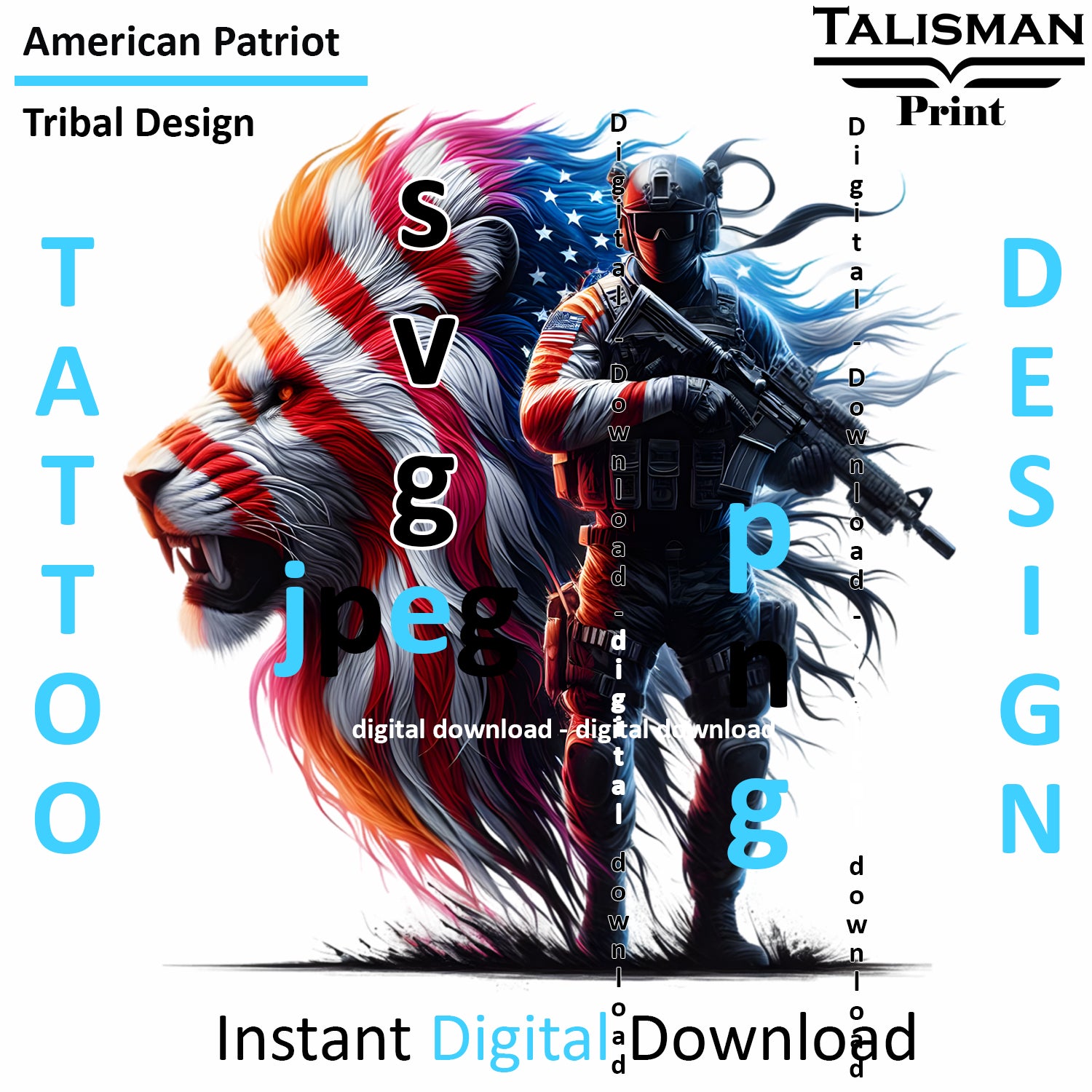 Lion X Patriot - Digital Art | PNG, JPEG & SVG | Instant Download for Apparel, Décor and Wall Art