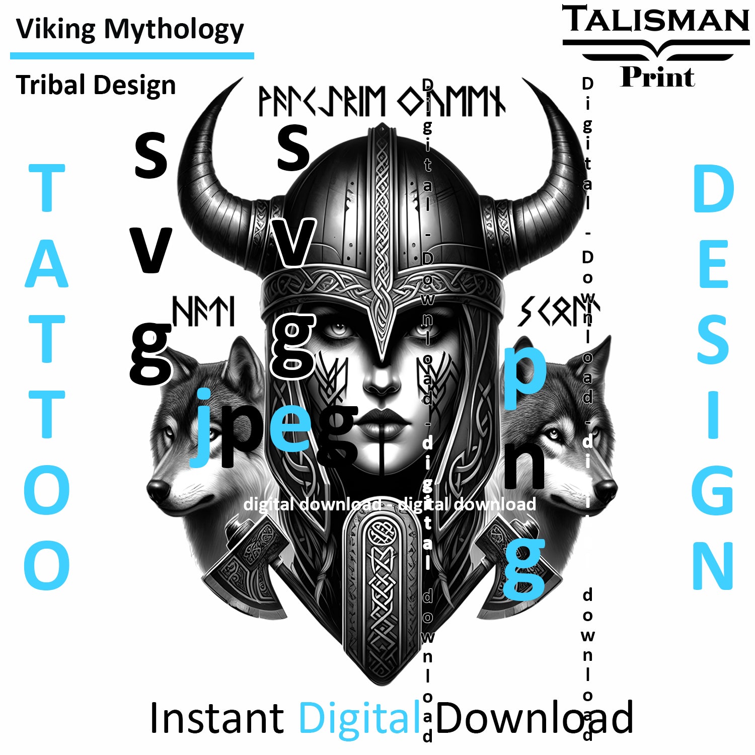 Viking Valkyrie Queen - Hati and Skoll - Digital Art Collection | PNG, JPEG & SVG | Instant Tattoo Download