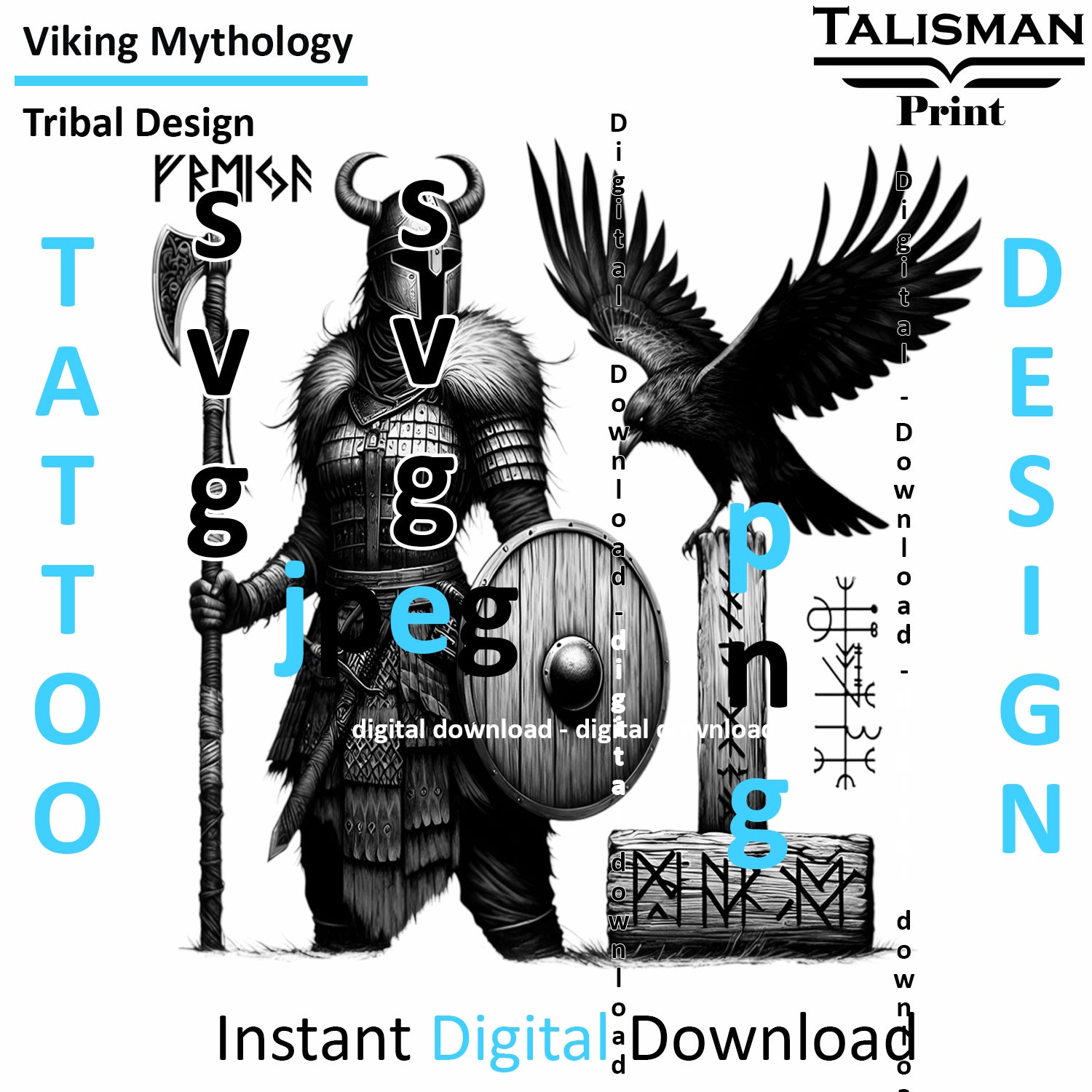 Viking Freyja Shield Maiden - Hati and Skoll - Digital Art Collection | PNG, JPEG & SVG | Instant Tattoo Download