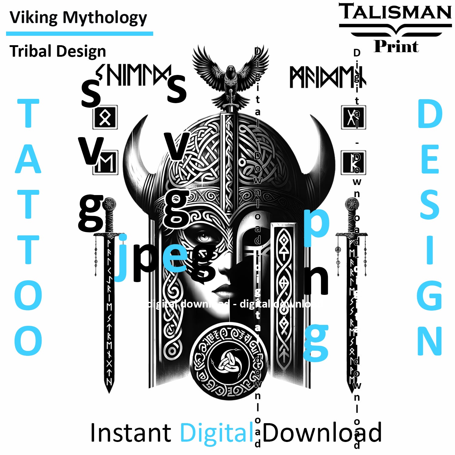 Viking Warrior Shield Maiden - Digital Art Collection | PNG, JPEG & SVG | Instant Tattoo Download