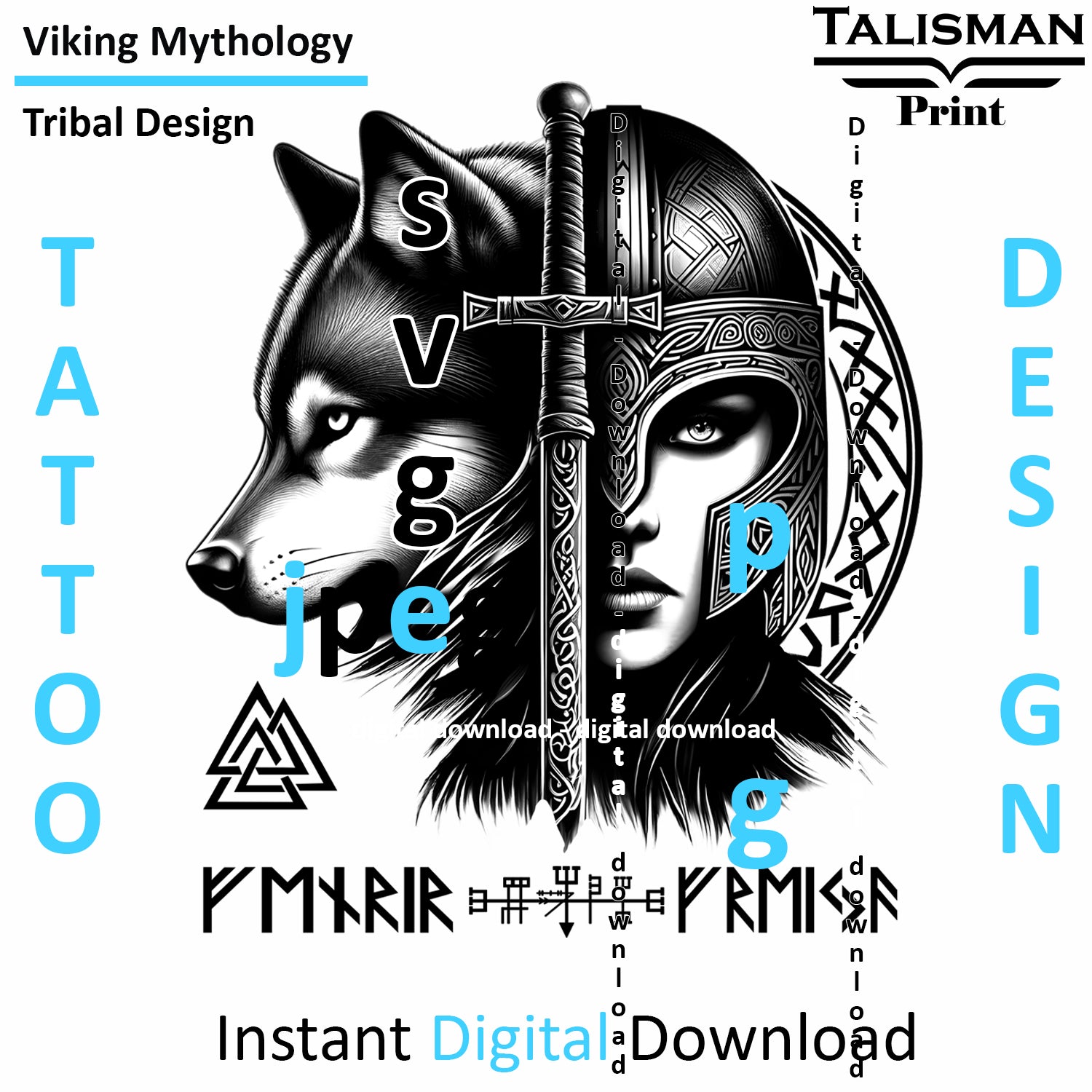 Viking Freyja Fenrir - Digital Art Collection | PNG, JPEG & SVG | Instant Tattoo Download