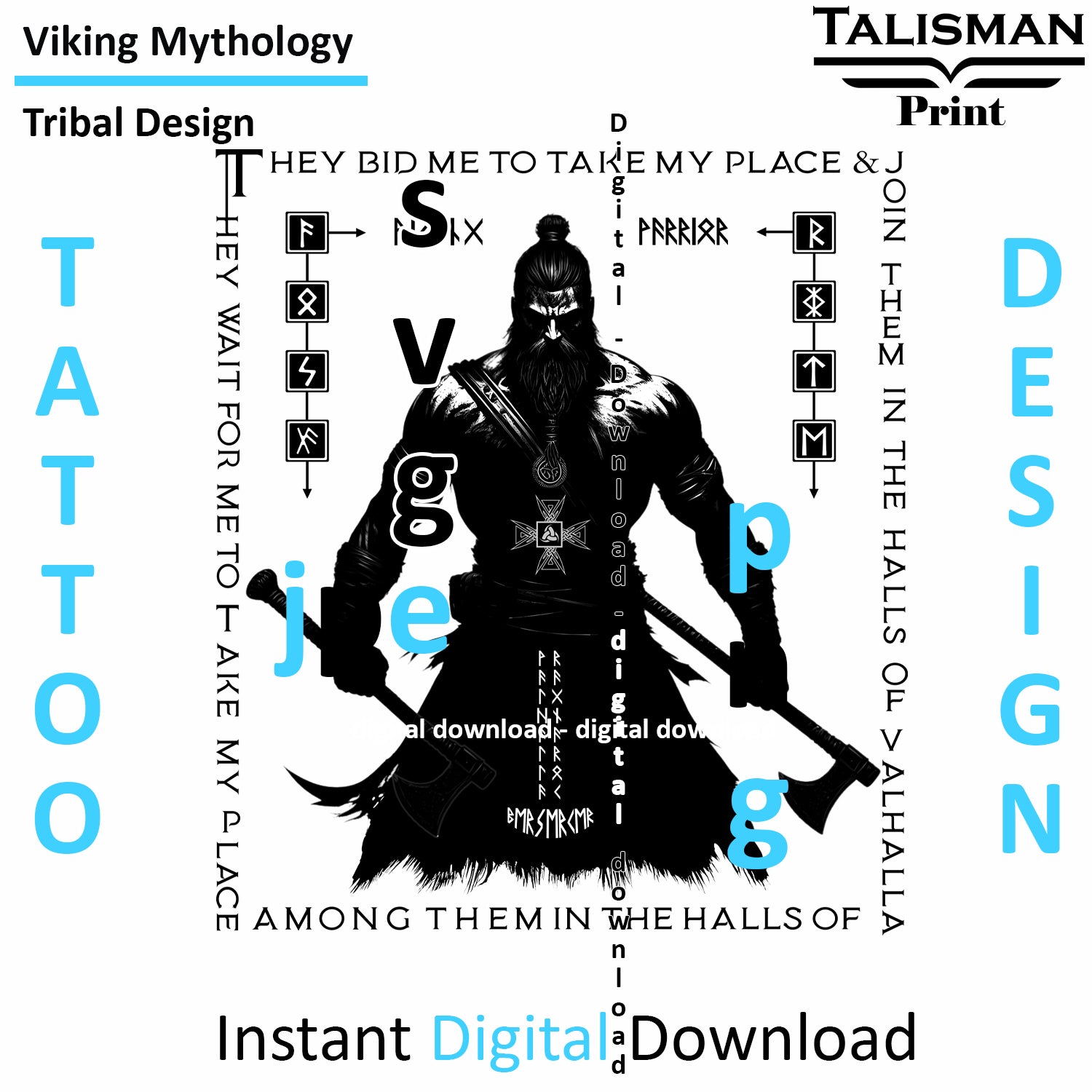 Viking Valhalla Warrior - Digital Art Collection | PNG, JPEG & SVG | Instant Tattoo Download