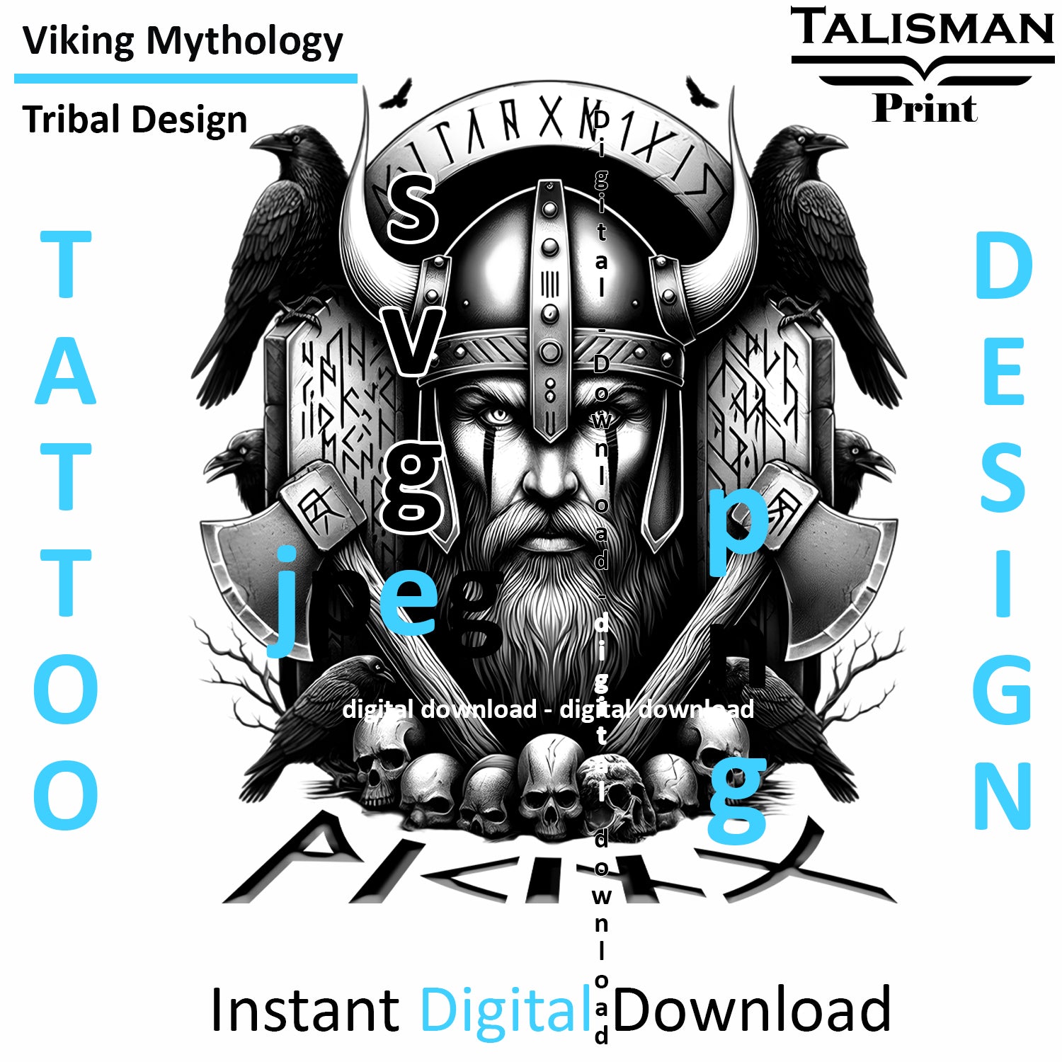 Viking Axe Warrior - Digital Art Collection | PNG, JPEG & SVG | Instant Tattoo Download