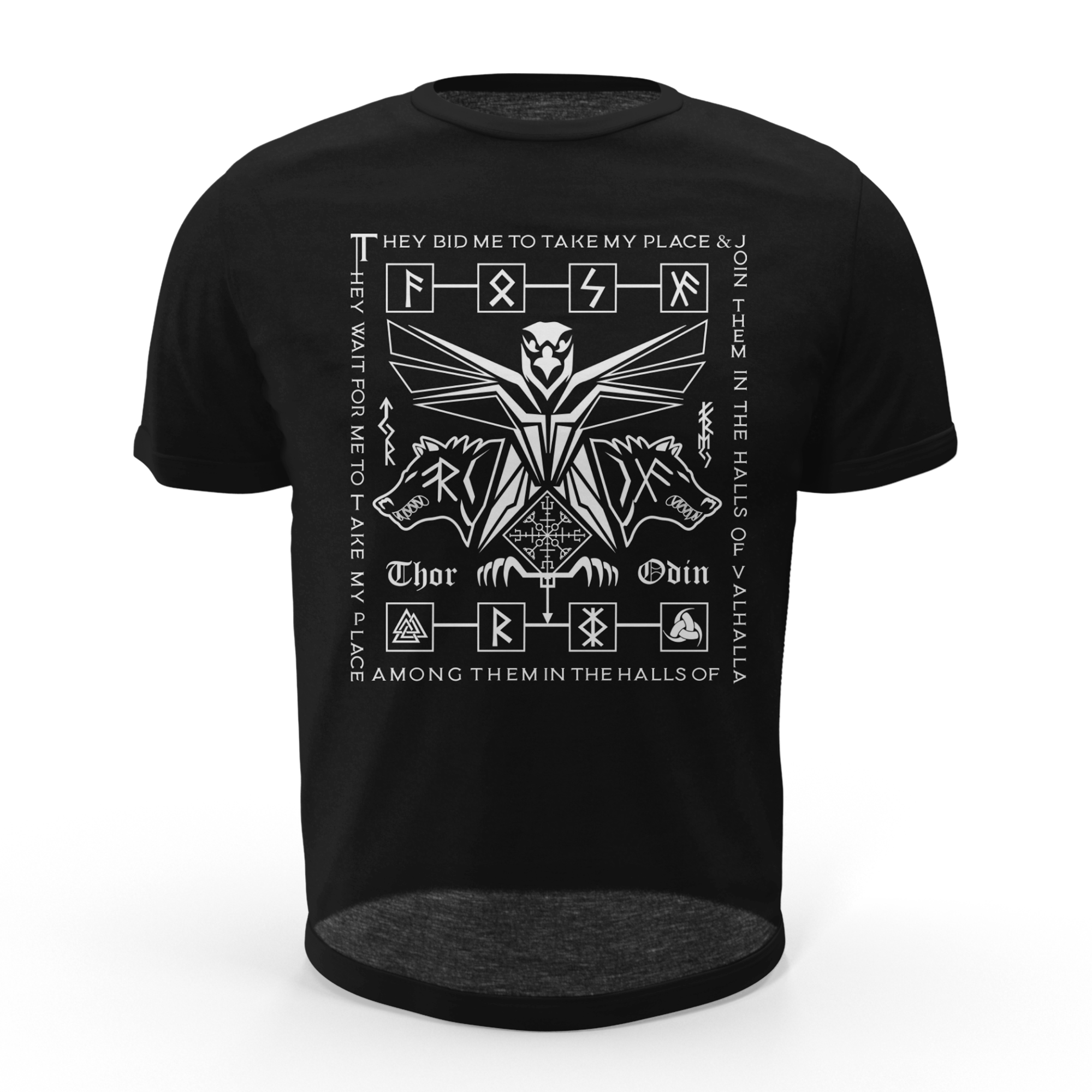 Black T Shirt White Viking Wolves Raven Talisman Men Women Unisex Valhalla Tee