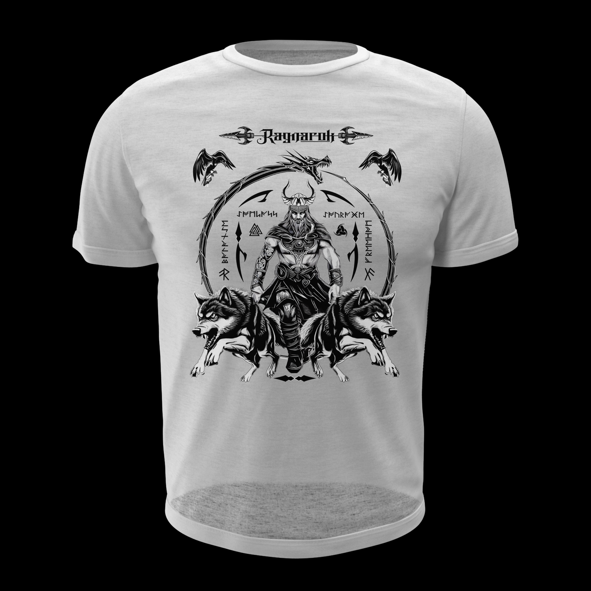 Black T Shirt White Viking Wolves Talisman Men Women Unisex Valhalla Tee