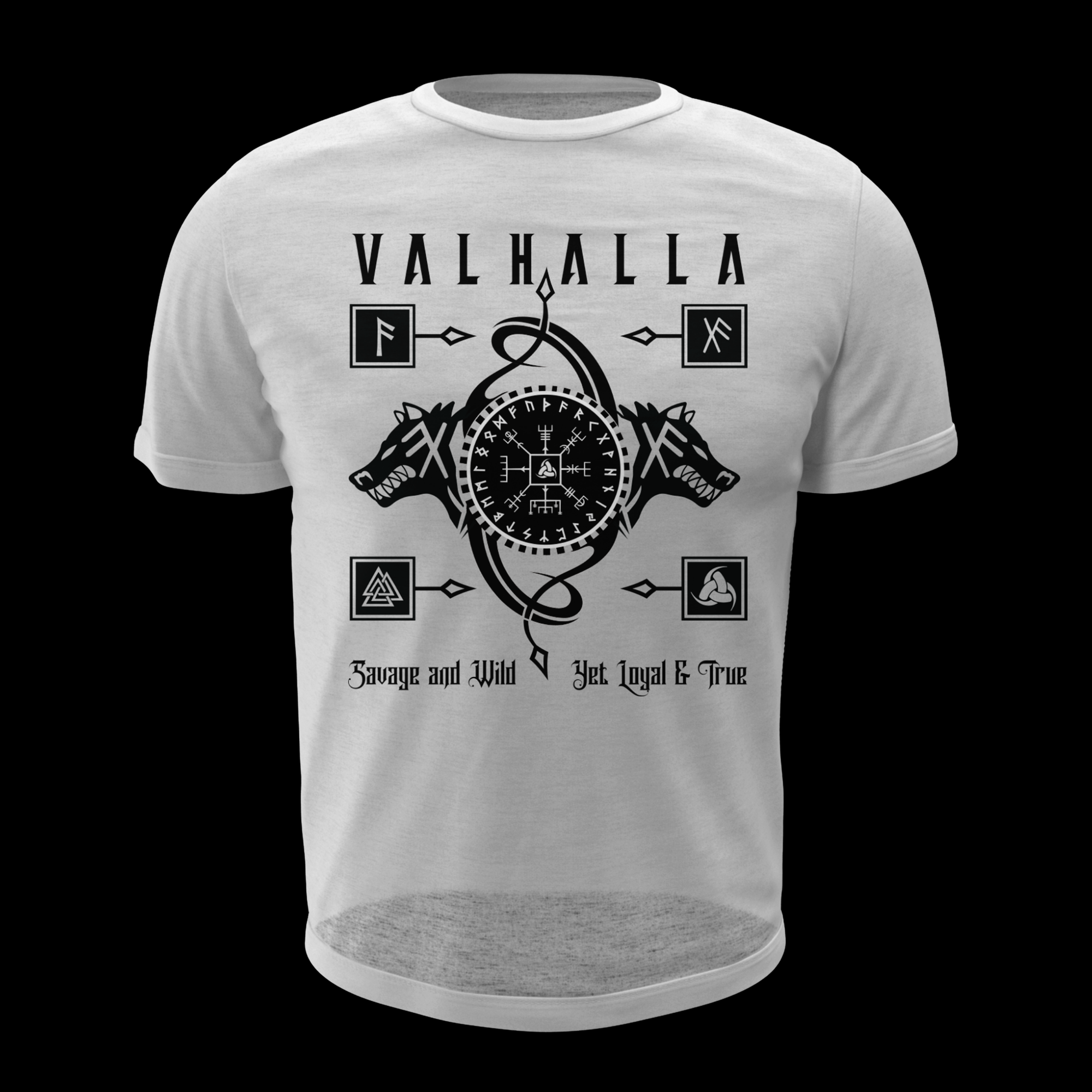 Black T Shirt White Runic Wolves Viking Talisman Men Women Unisex Valhalla Tee