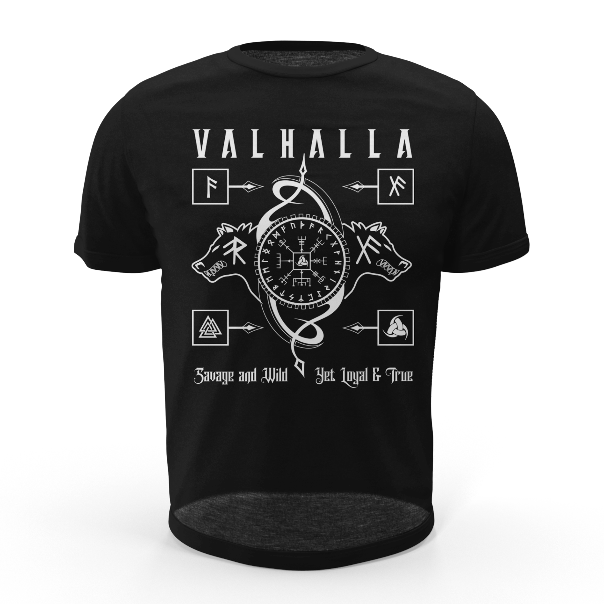 Black T Shirt White Runic Wolves Viking Talisman Men Women Unisex Valhalla Tee