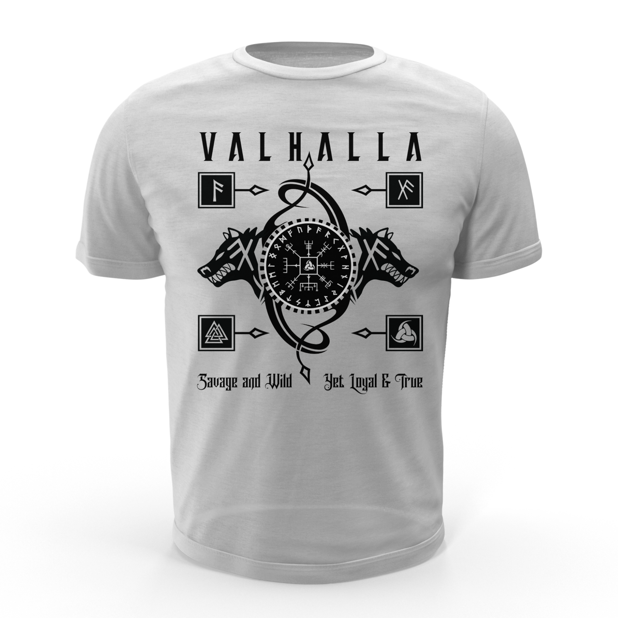 Black T Shirt White Runic Wolves Viking Talisman Men Women Unisex Valhalla Tee