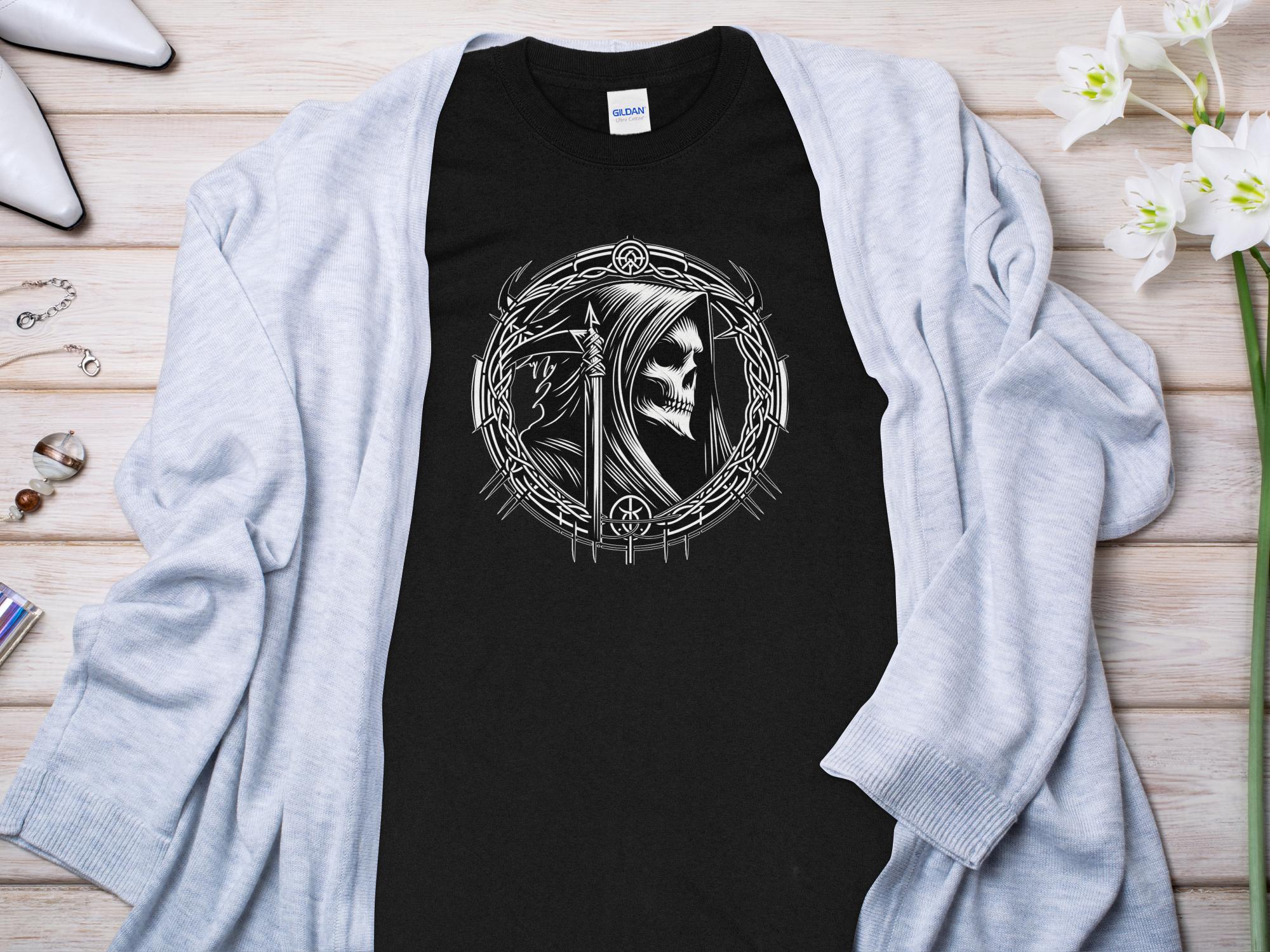 Grim Reaper - Black White Gildan Long Sleeve Commemorative Talisman Unisex Tee Graphic Design