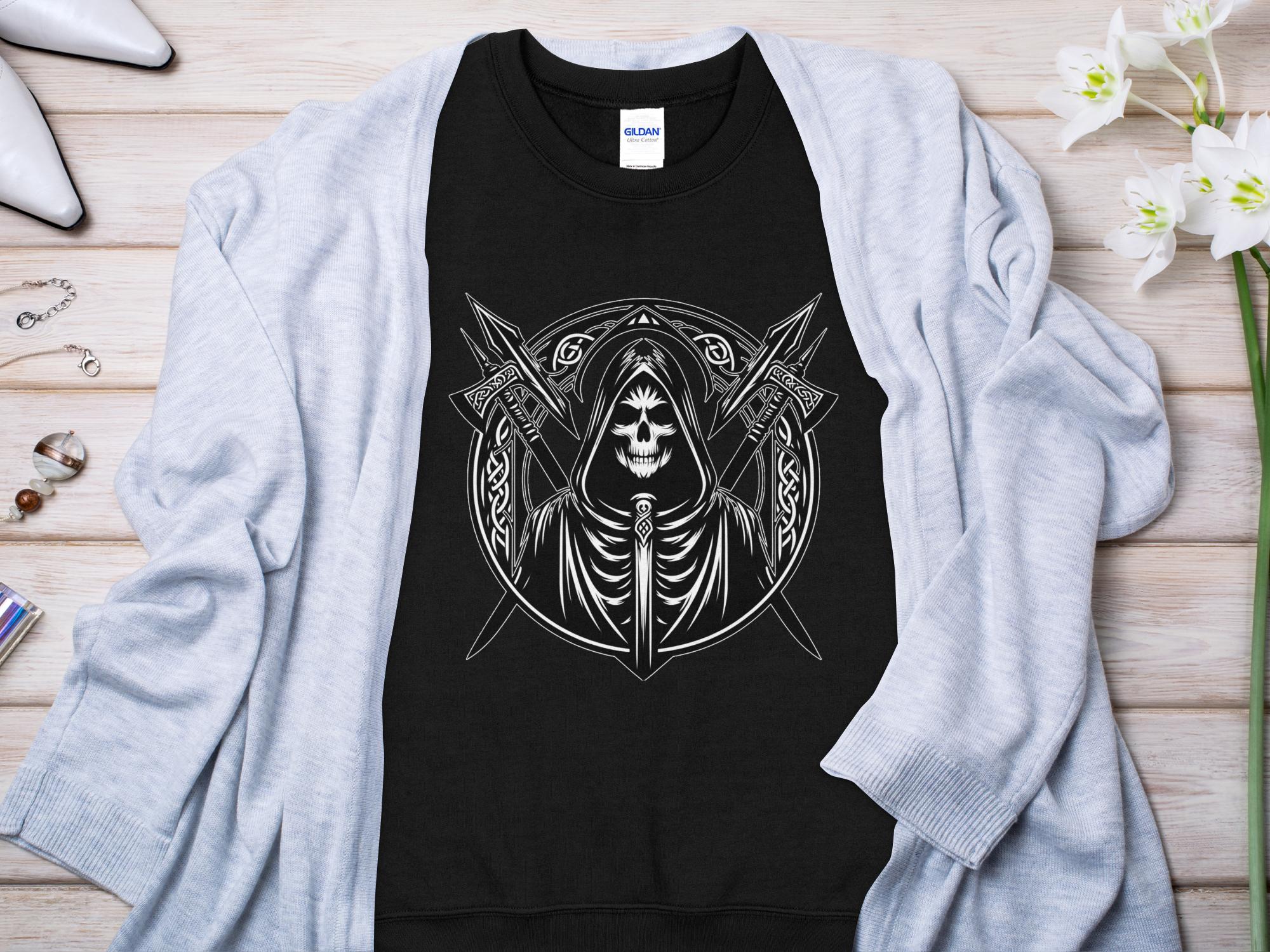 Grim Reaper - Black White Gildan Sweatshirt Commemorative Talisman Unisex Tee Graphic Design