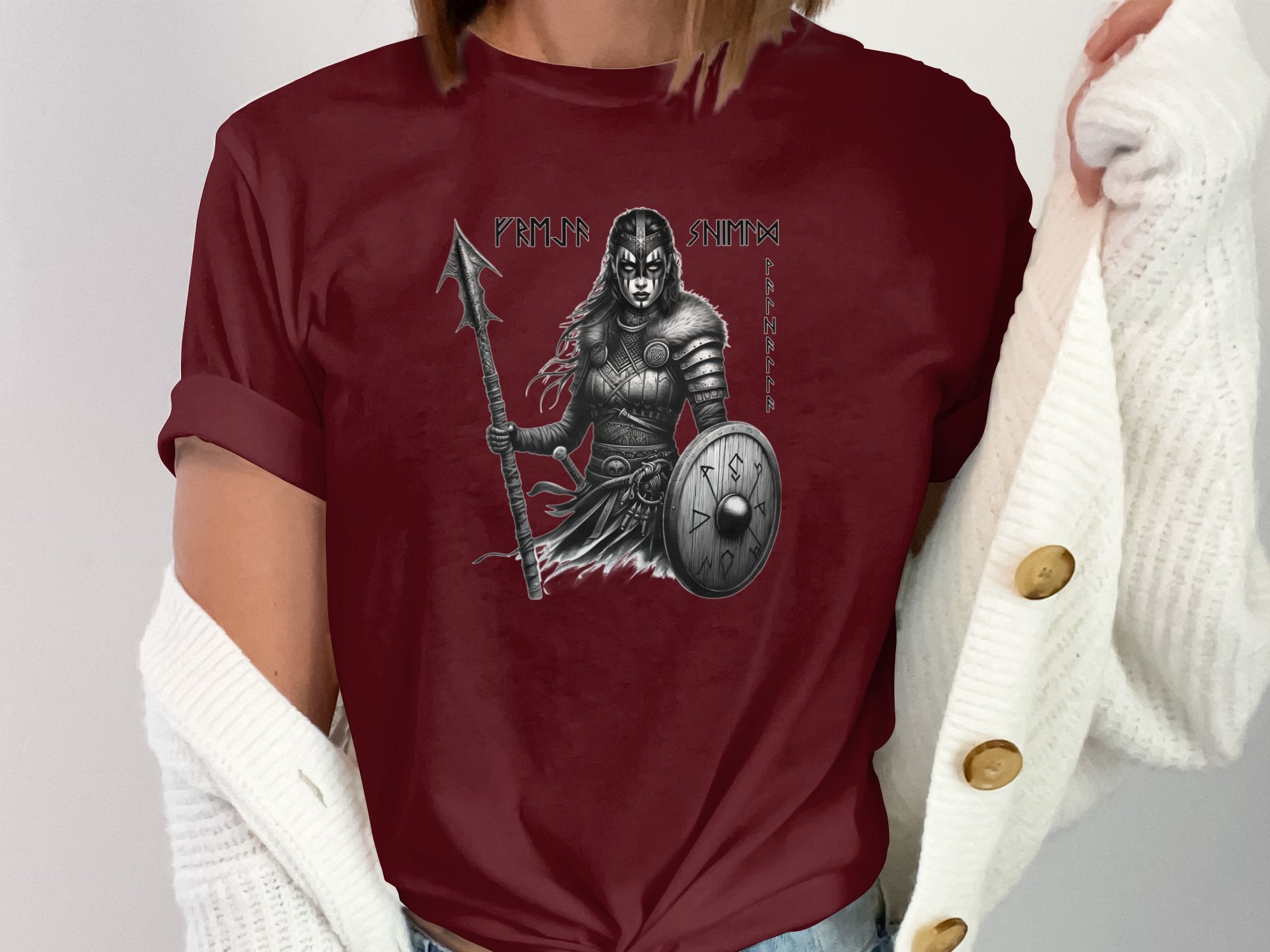 Viking Shield Maiden - Coloured Gildan T Shirt Realistic Norse Talisman Men Women Unisex Valhalla Tee Graphic Design