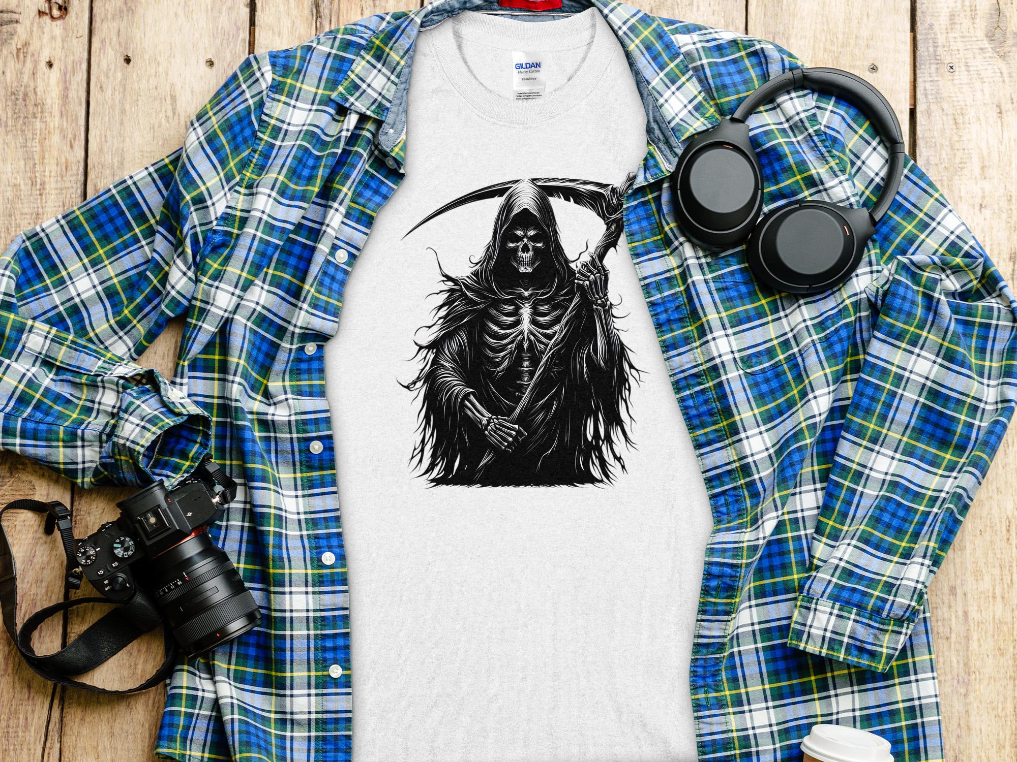 Grim Reaper - Black White Gildan T-Shirt Commemorative Talisman Unisex Tee Graphic Design