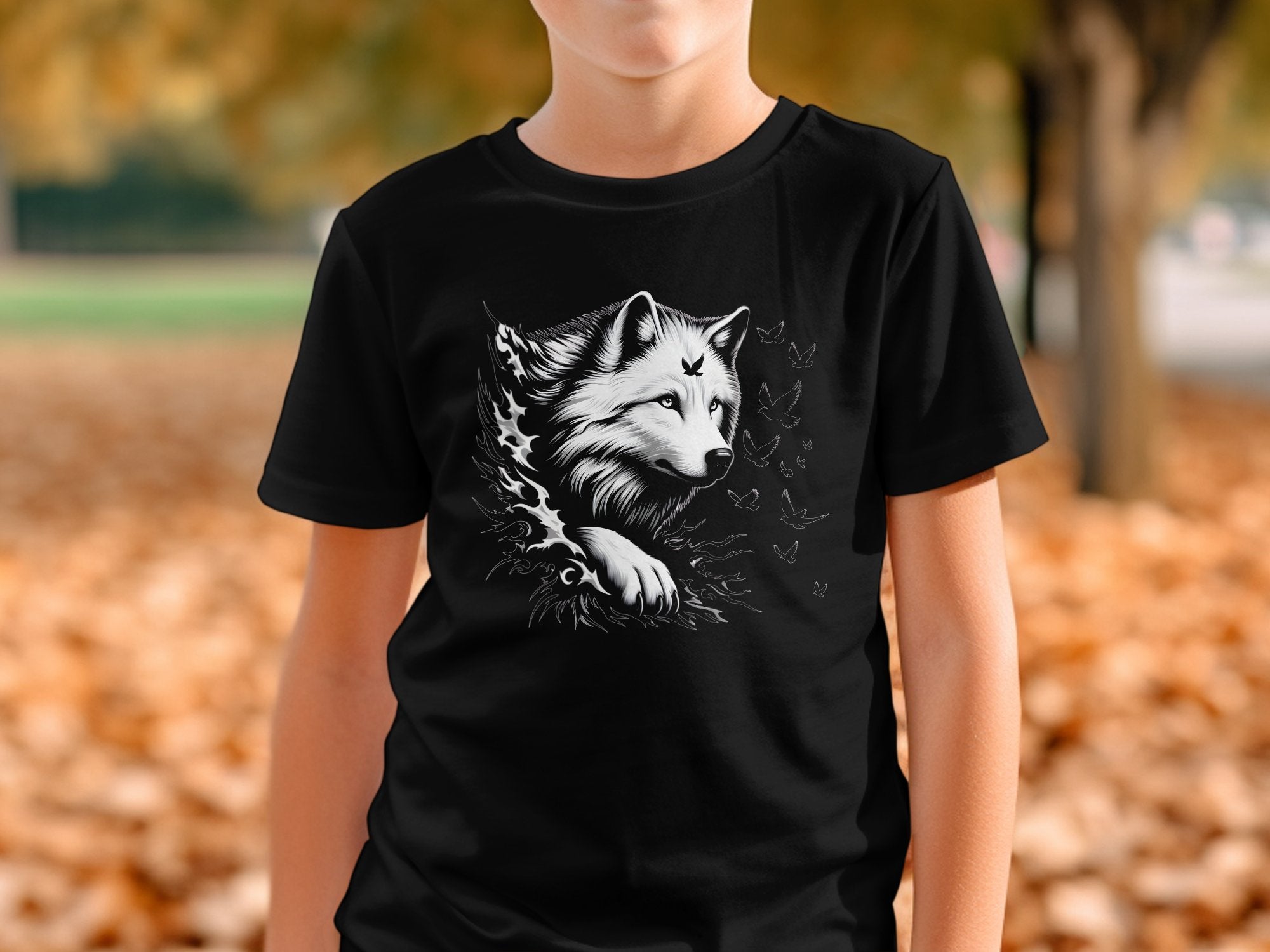 Wolf x Doves - Black White Gildan Kids T-Shirt Realistic Animal Talisman Unisex Tee Graphic Design