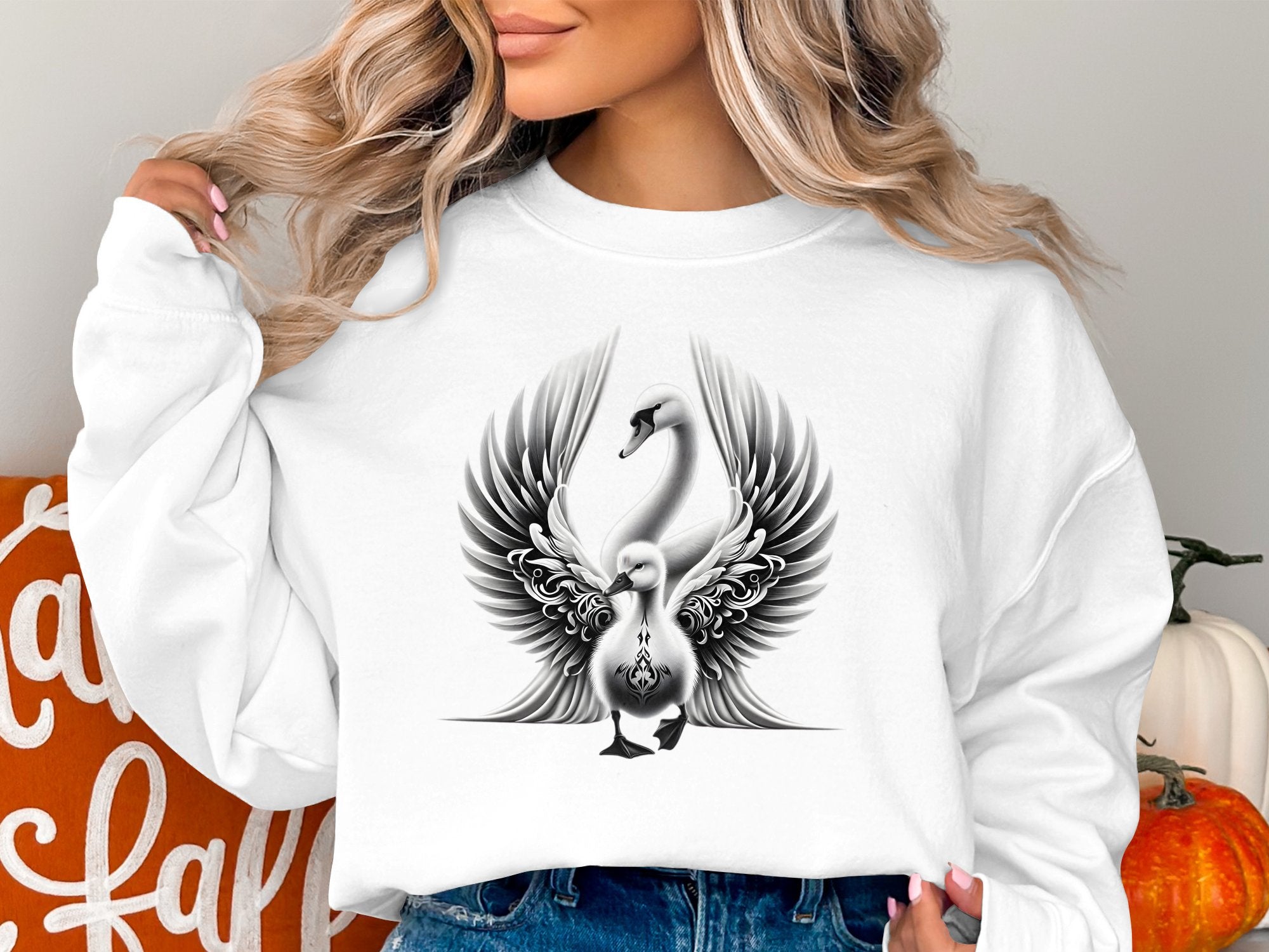 Swan & Cygnet- Black White Gildan Sweatshirt Realistic Family Talisman Unisex Tee Graphic Design