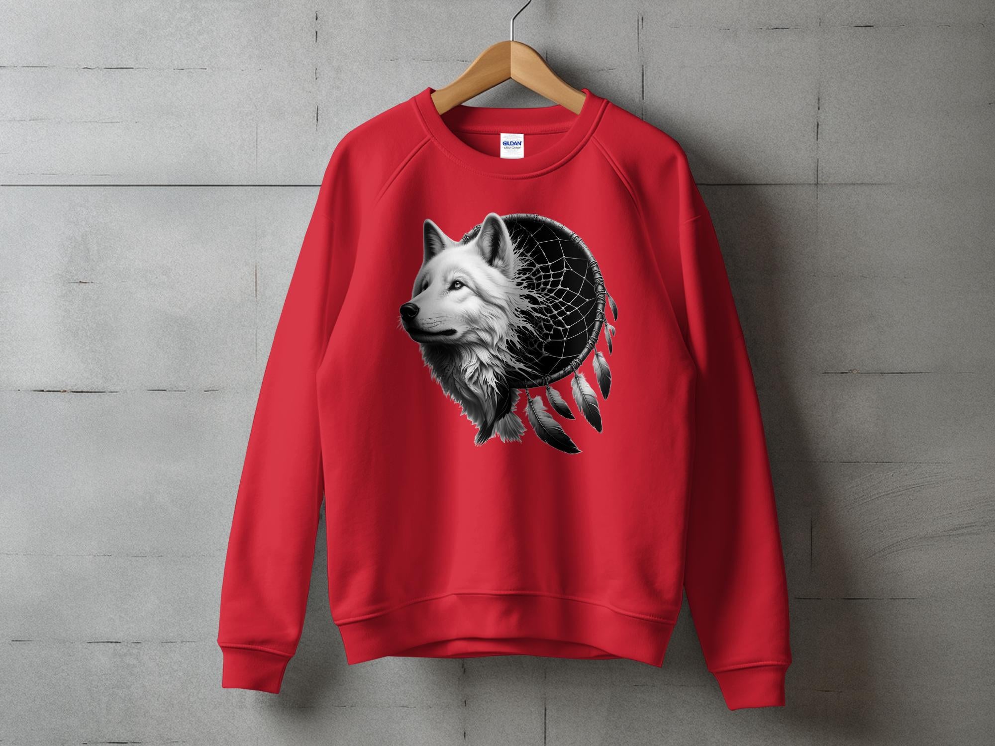 Dreamcatcher Wolf - Coloured Gildan Sweatshirt Realistic Native American Talisman Unisex Mythology Tee Graphic Design