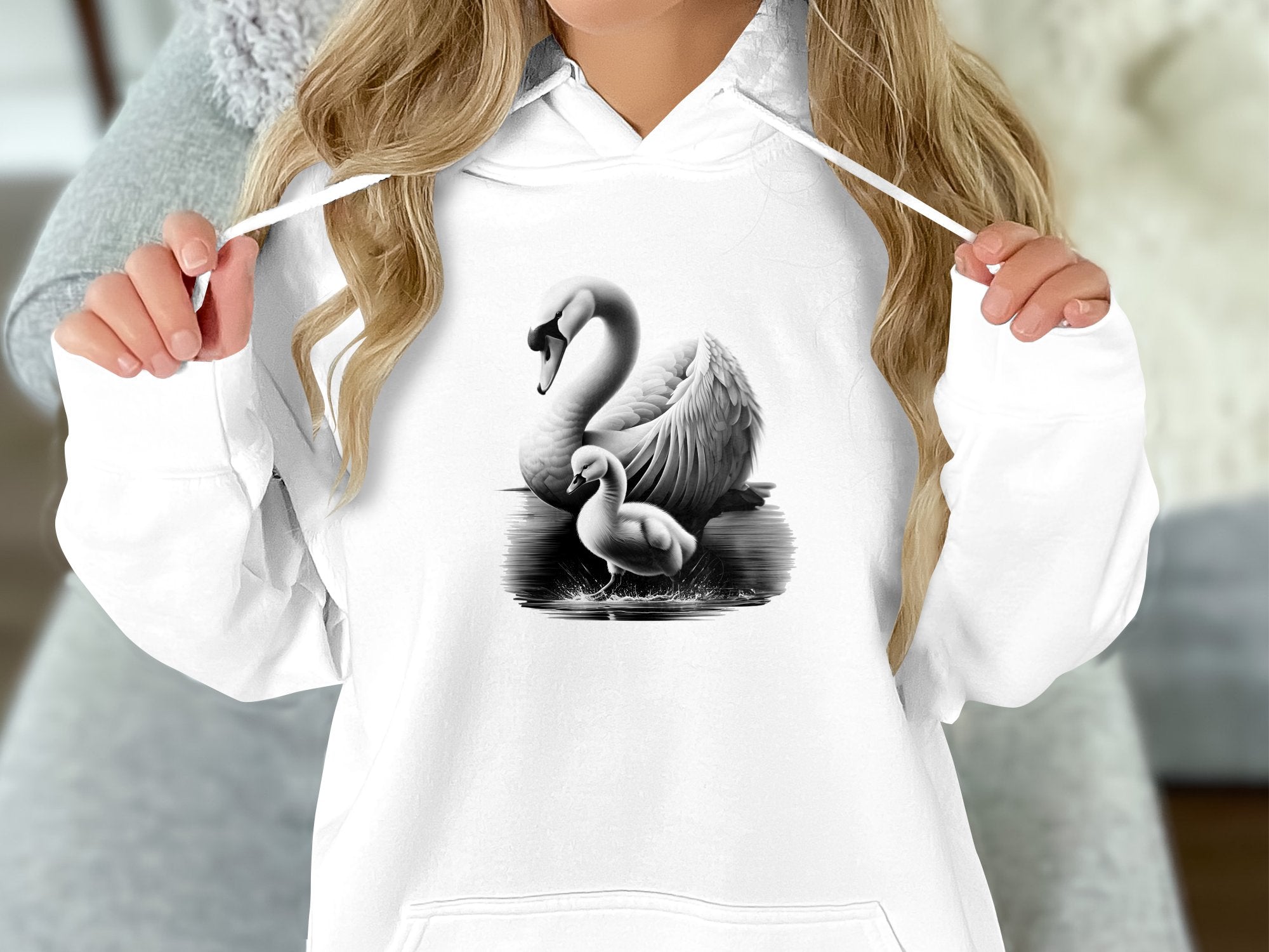 Swan & Cygnet- Black White Gildan Hoodie Realistic Family Talisman Unisex Tee Graphic Design