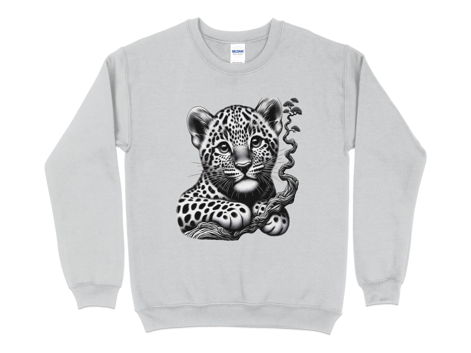 Leopard Bonsai - Coloured Gildan Sweatshirt Realistic Animal Talisman Unisex Cute Tee Graphic Design