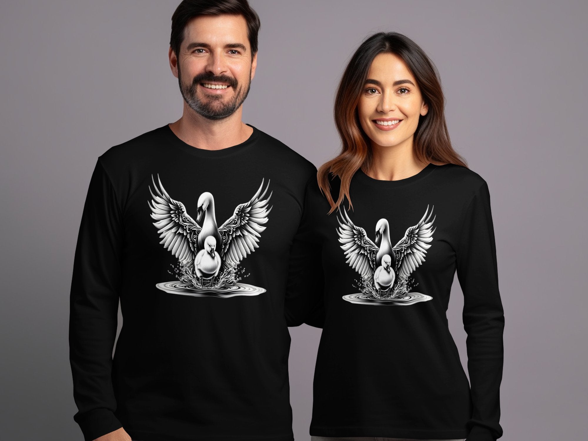 Swan & Cygnet- Black White Gildan Long Sleeve Realistic Family Talisman Unisex Tee Graphic Design