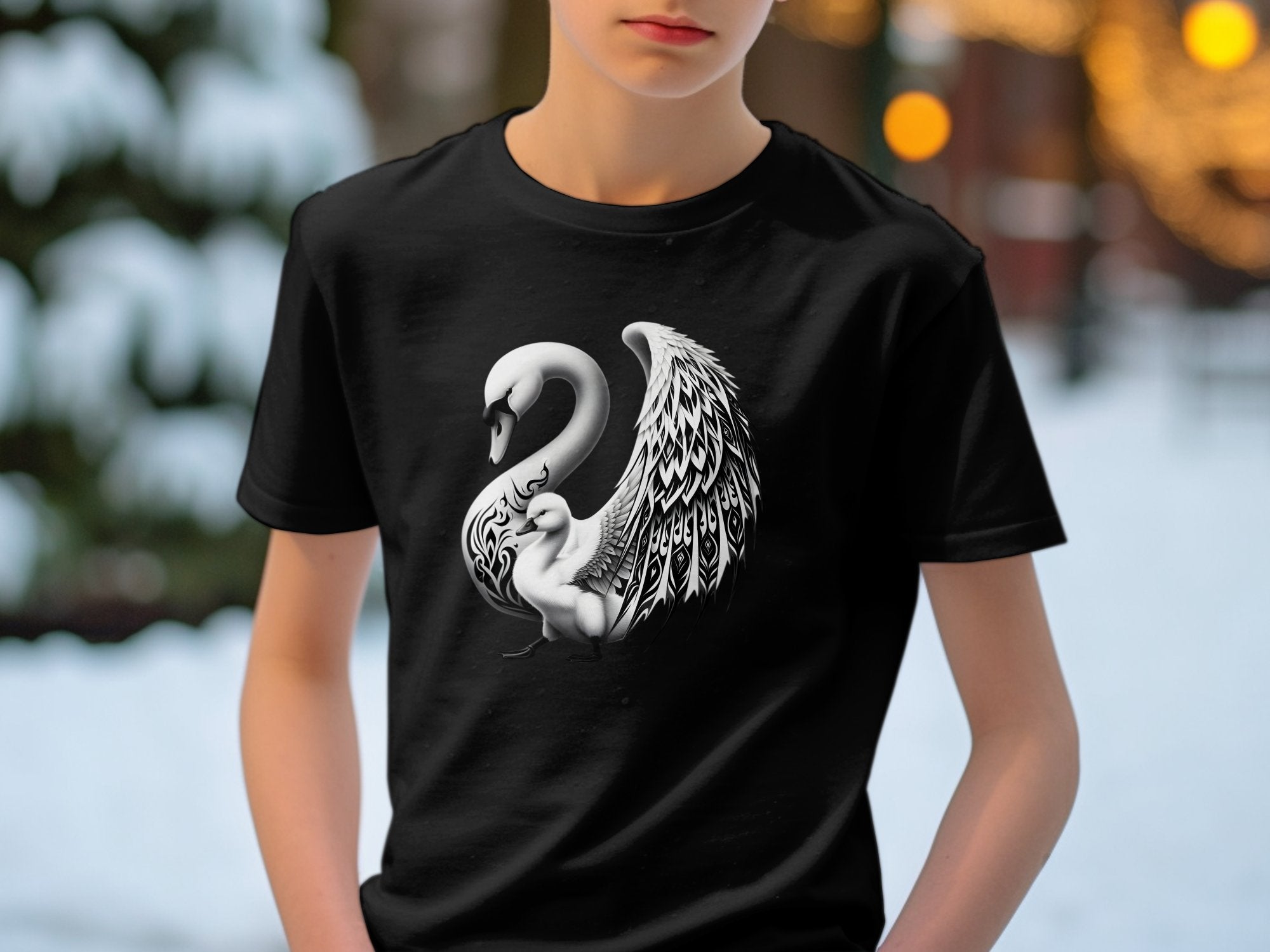 Swan & Cygnet- Black White Gildan Kids T-Shirt Realistic Family Talisman Unisex Tee Graphic Design