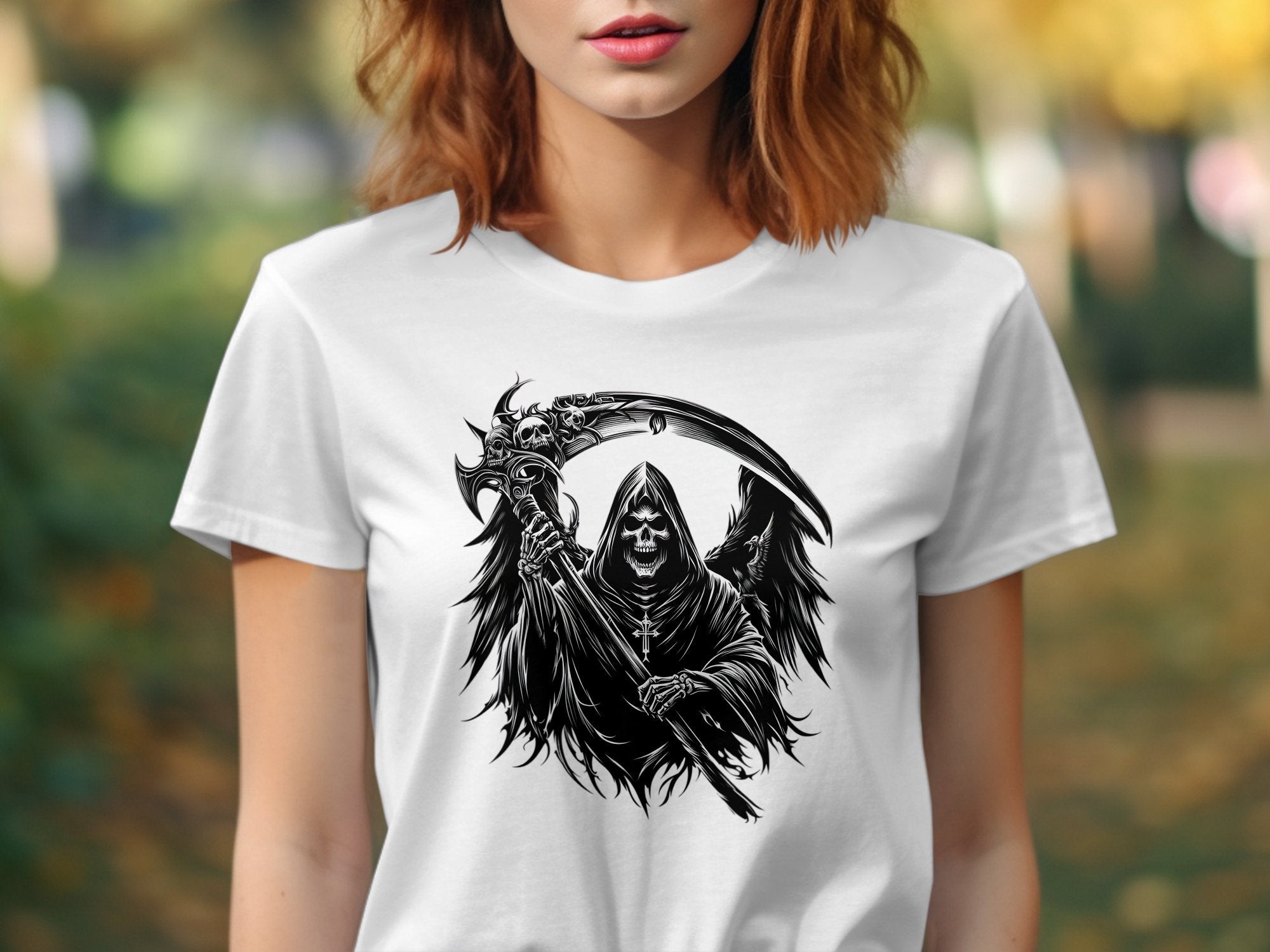 Grim Reaper - Black White Gildan T-Shirt Commemorative Talisman Unisex Tee Graphic Design