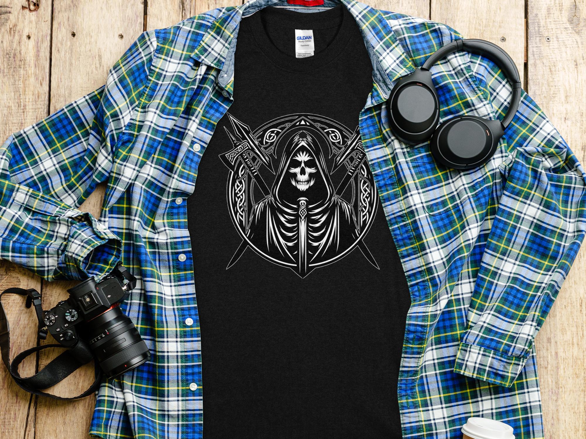 Grim Reaper - Black White Gildan T-Shirt Commemorative Talisman Unisex Tee Graphic Design