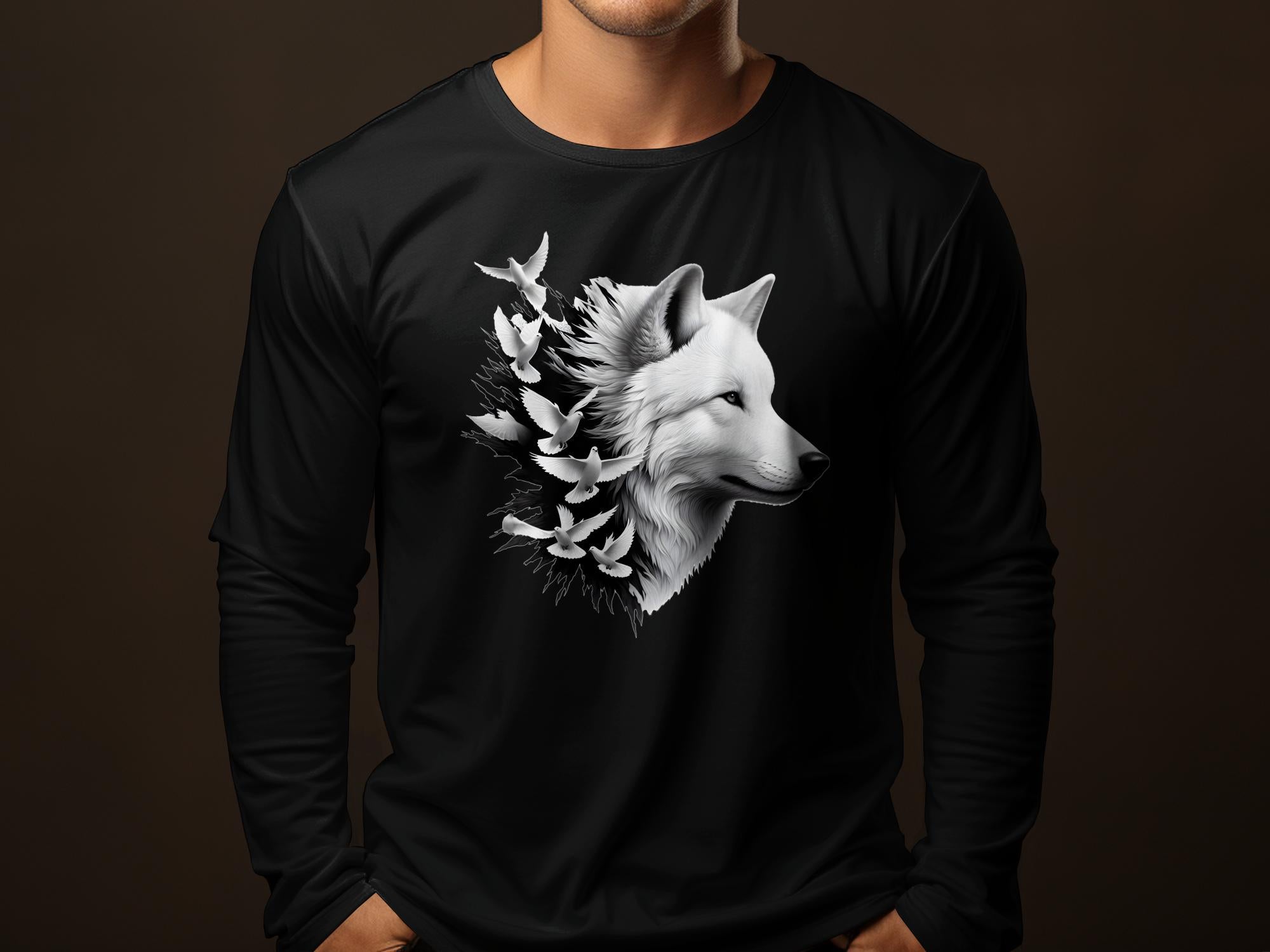 Wolf x Doves - Black White Gildan Long Sleeve Realistic Animal Talisman Unisex Tee Graphic Design