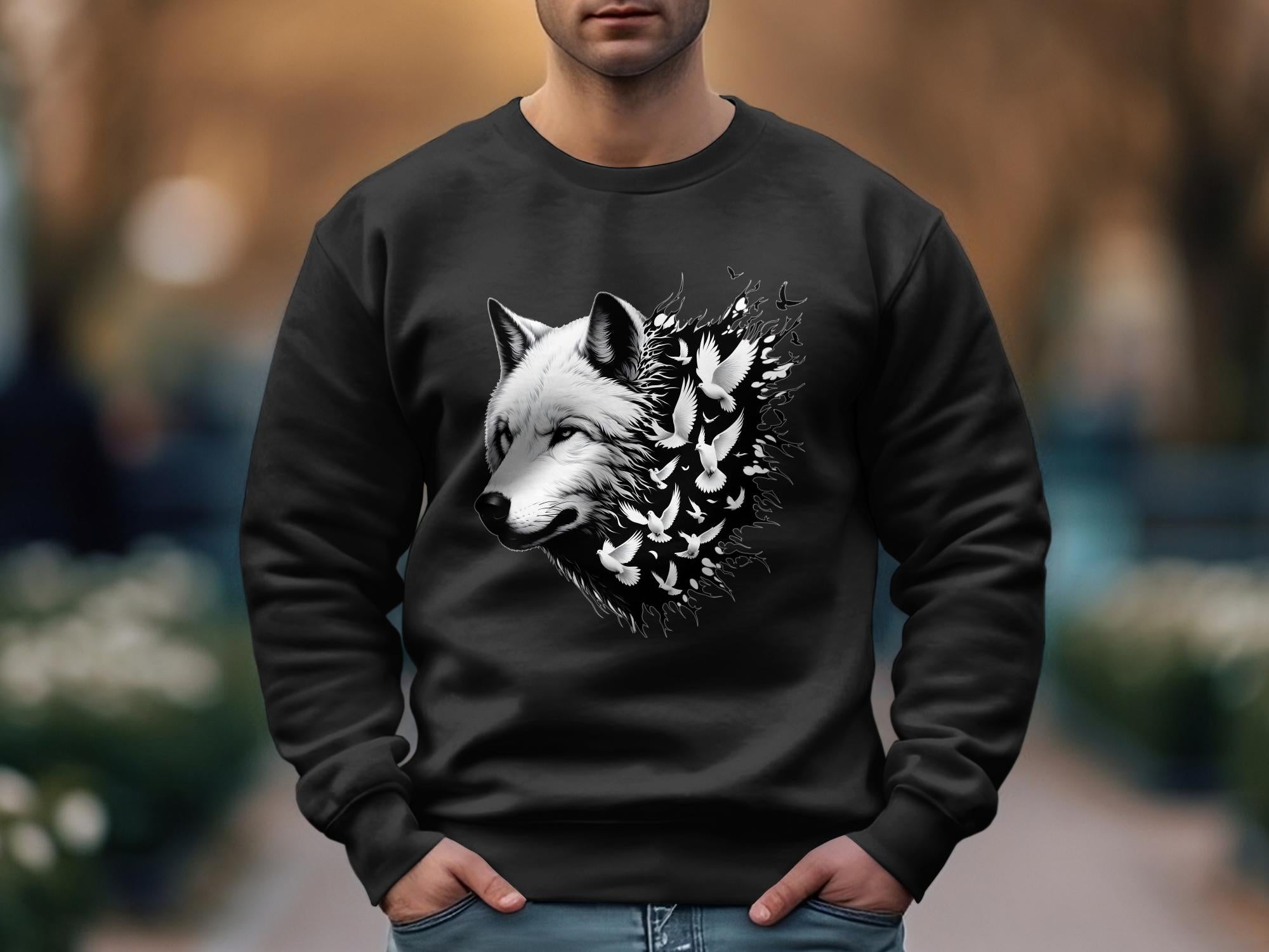 Wolf x Doves - Black White Gildan Sweatshirt Realistic Animal Talisman Unisex Tee Graphic Design