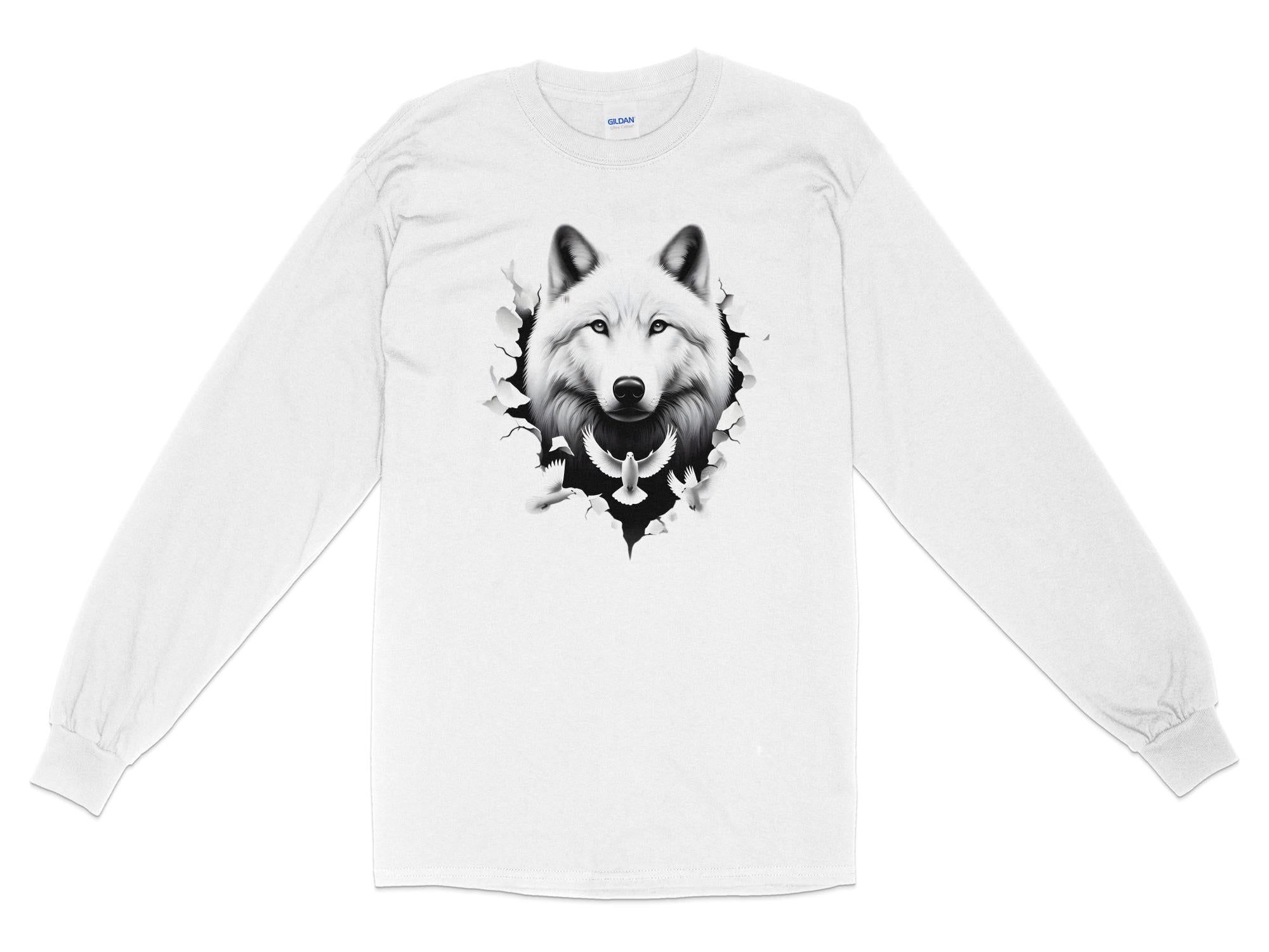 Wolf x Doves - Black White Gildan Long Sleeve Realistic Animal Talisman Unisex Tee Graphic Design