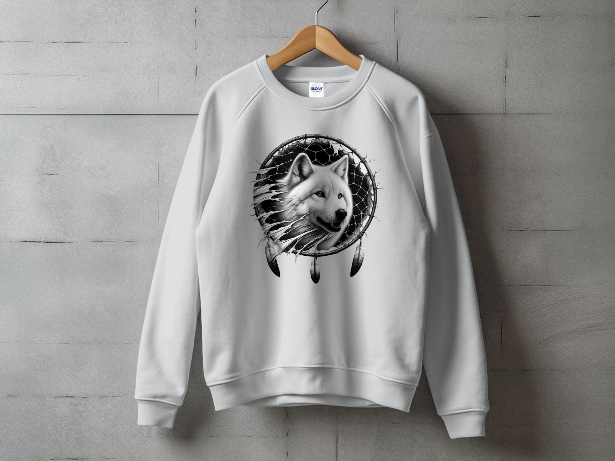 Dreamcatcher Wolf - Coloured Gildan Sweatshirt Realistic Native American Talisman Unisex Mythology Tee Graphic Design