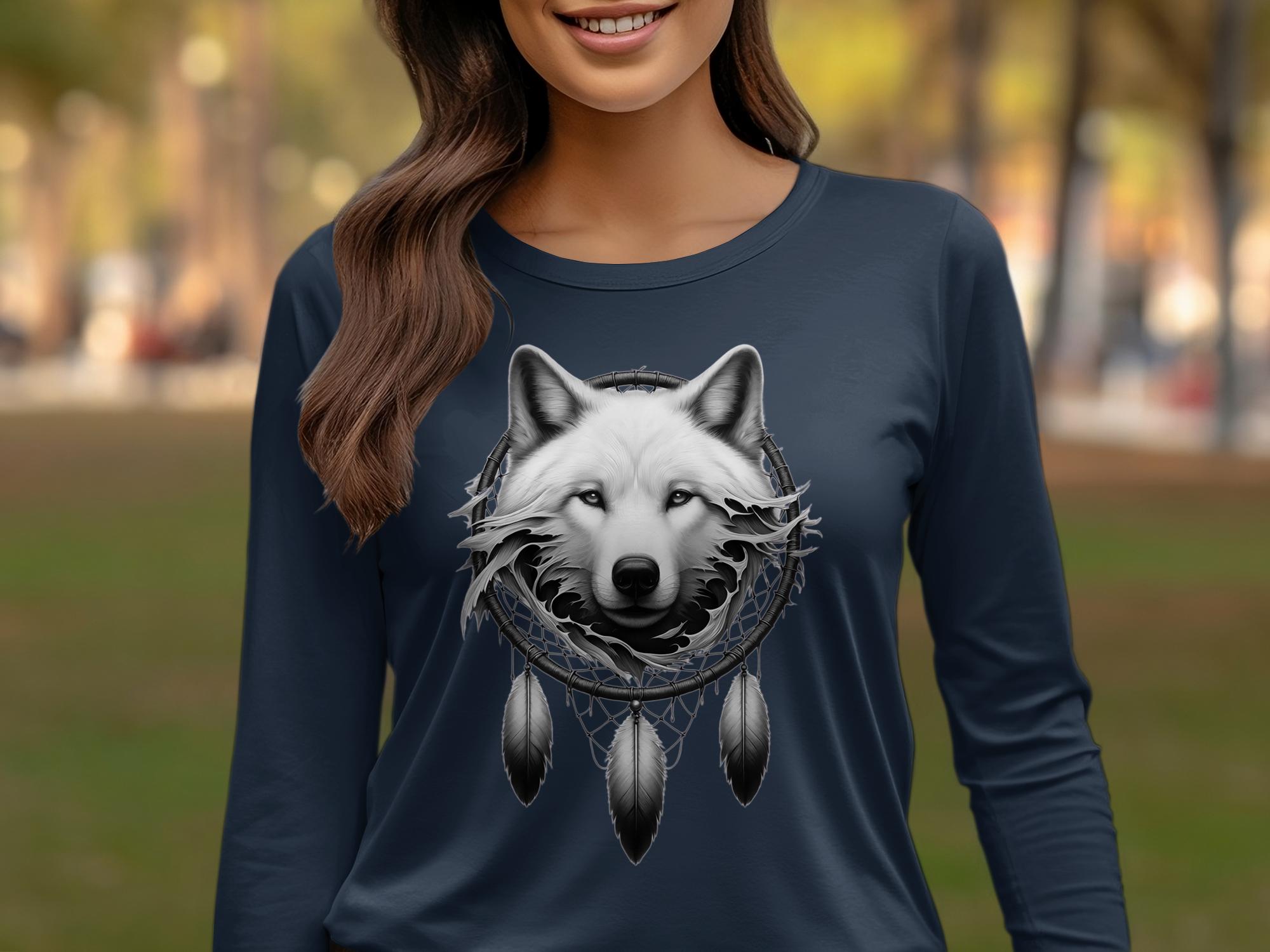 Dreamcatcher Wolf - Coloured Gildan Long Sleeve Realistic Native American Talisman Unisex Mythology Tee Graphic Design