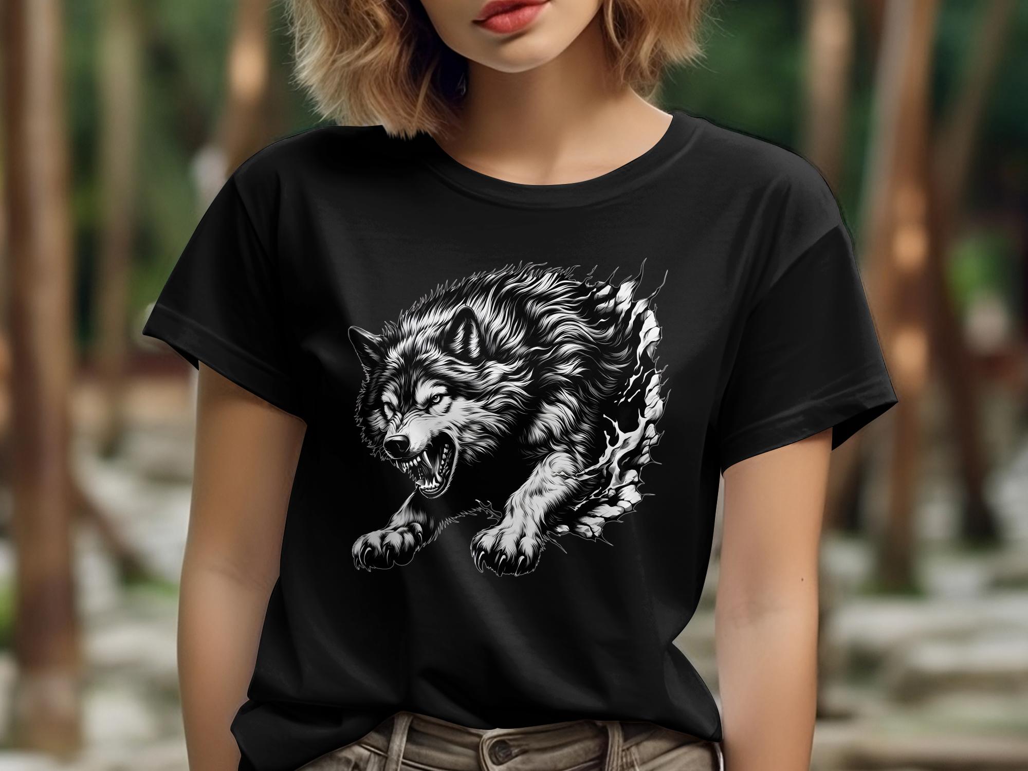 Wolf Tribal - Black White Gildan T-Shirt Realistic Animal Talisman Unisex Tee Graphic Design