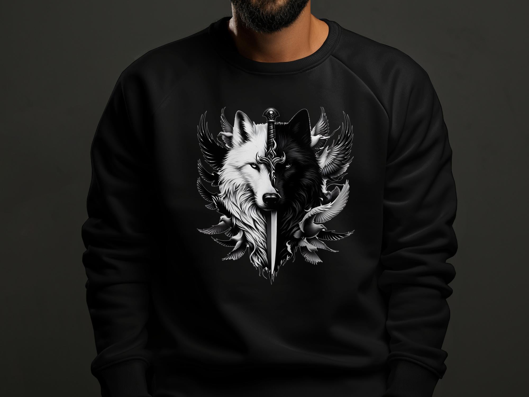 Wolf x Doves - Black White Gildan Sweatshirt Realistic Animal Talisman Unisex Tee Graphic Design