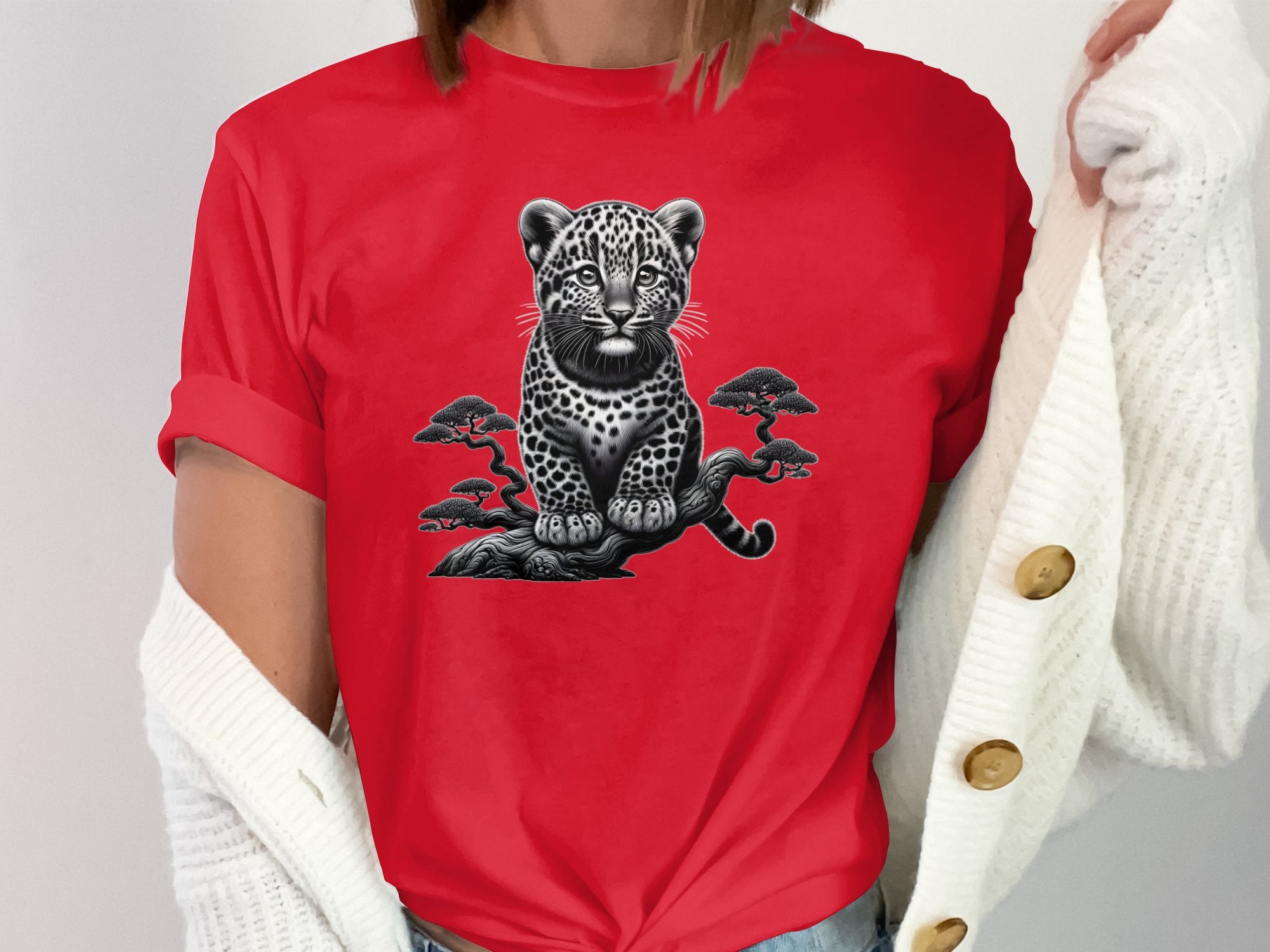 Leopard Bonsai - Coloured Gildan T-Shirt Realistic Animal Talisman Unisex Cute Tee Graphic Design