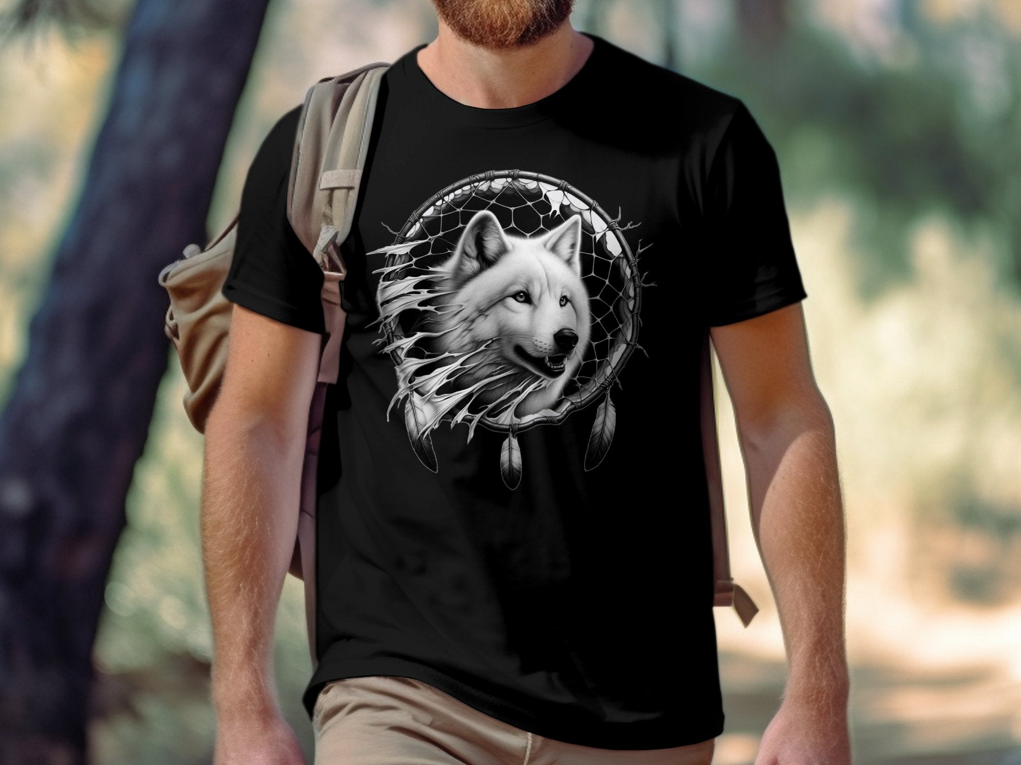 Dreamcatcher Wolf - Coloured Gildan T-Shirt Realistic Native American Talisman Unisex Mythology Tee Graphic Design