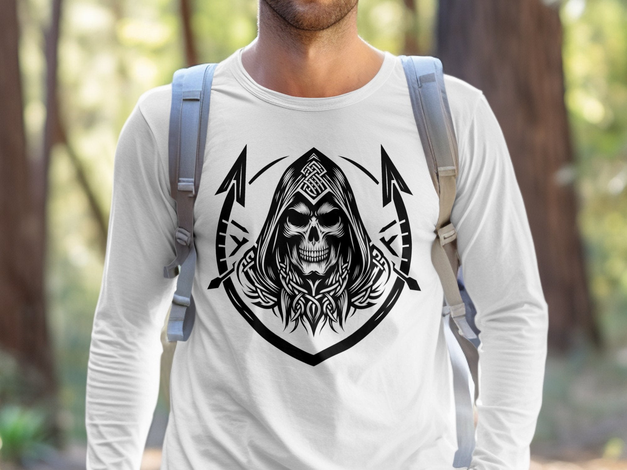 Grim Reaper - Black White Gildan Long Sleeve Commemorative Talisman Unisex Tee Graphic Design