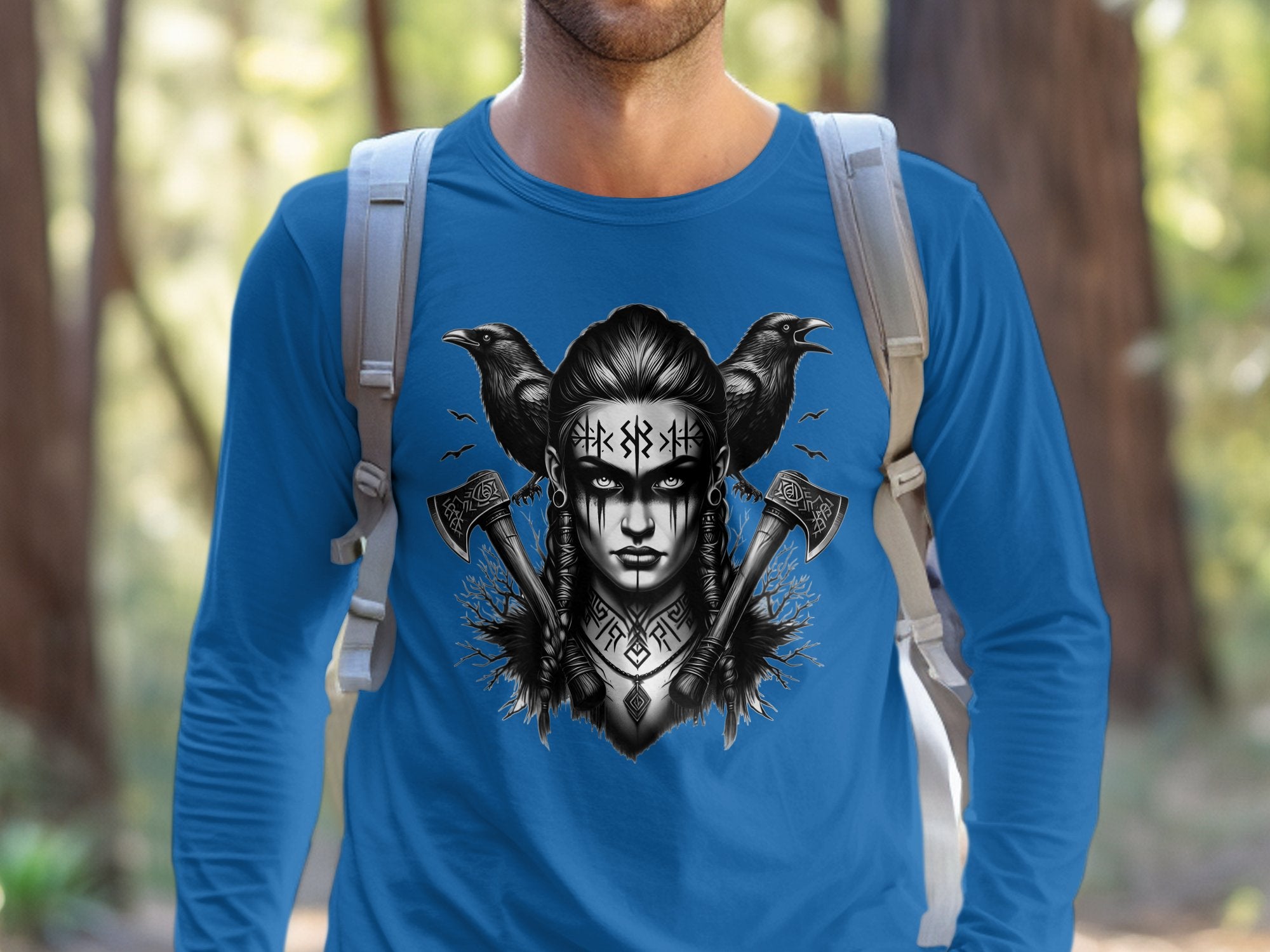 Viking Shield Maiden - Coloured Gildan Long Sleeve Realistic Norse Talisman Men Women Unisex Valhalla Tee Graphic Design