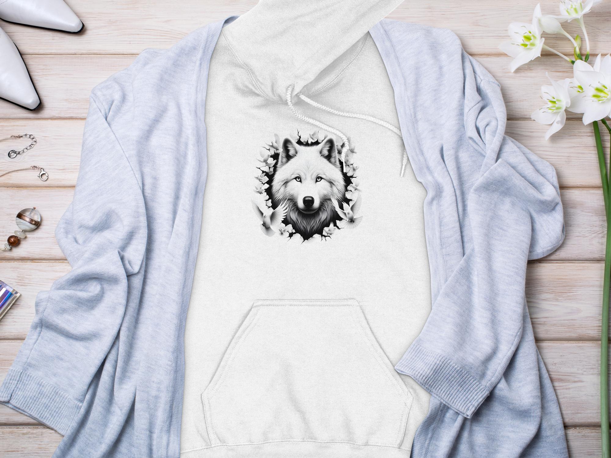 Wolf x Doves - Black White Gildan Hoodie Realistic Animal Talisman Unisex Tee Graphic Design