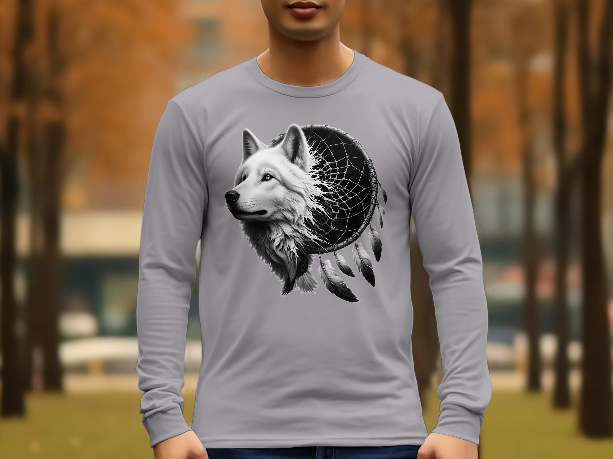 Dreamcatcher Wolf - Coloured Gildan Long Sleeve Realistic Native American Talisman Unisex Mythology Tee Graphic Design