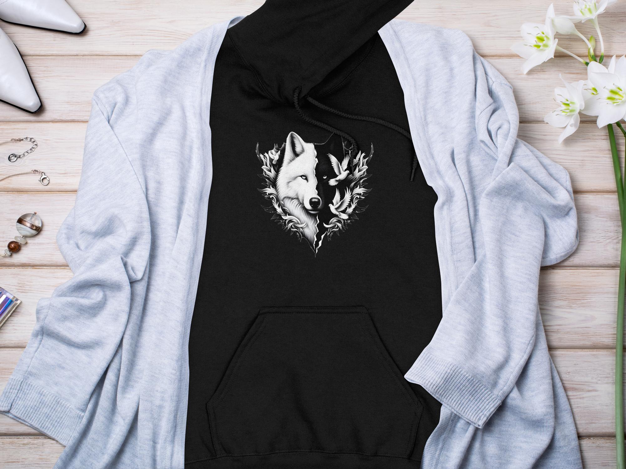 Wolf x Doves - Black White Gildan Hoodie Realistic Animal Talisman Unisex Tee Graphic Design