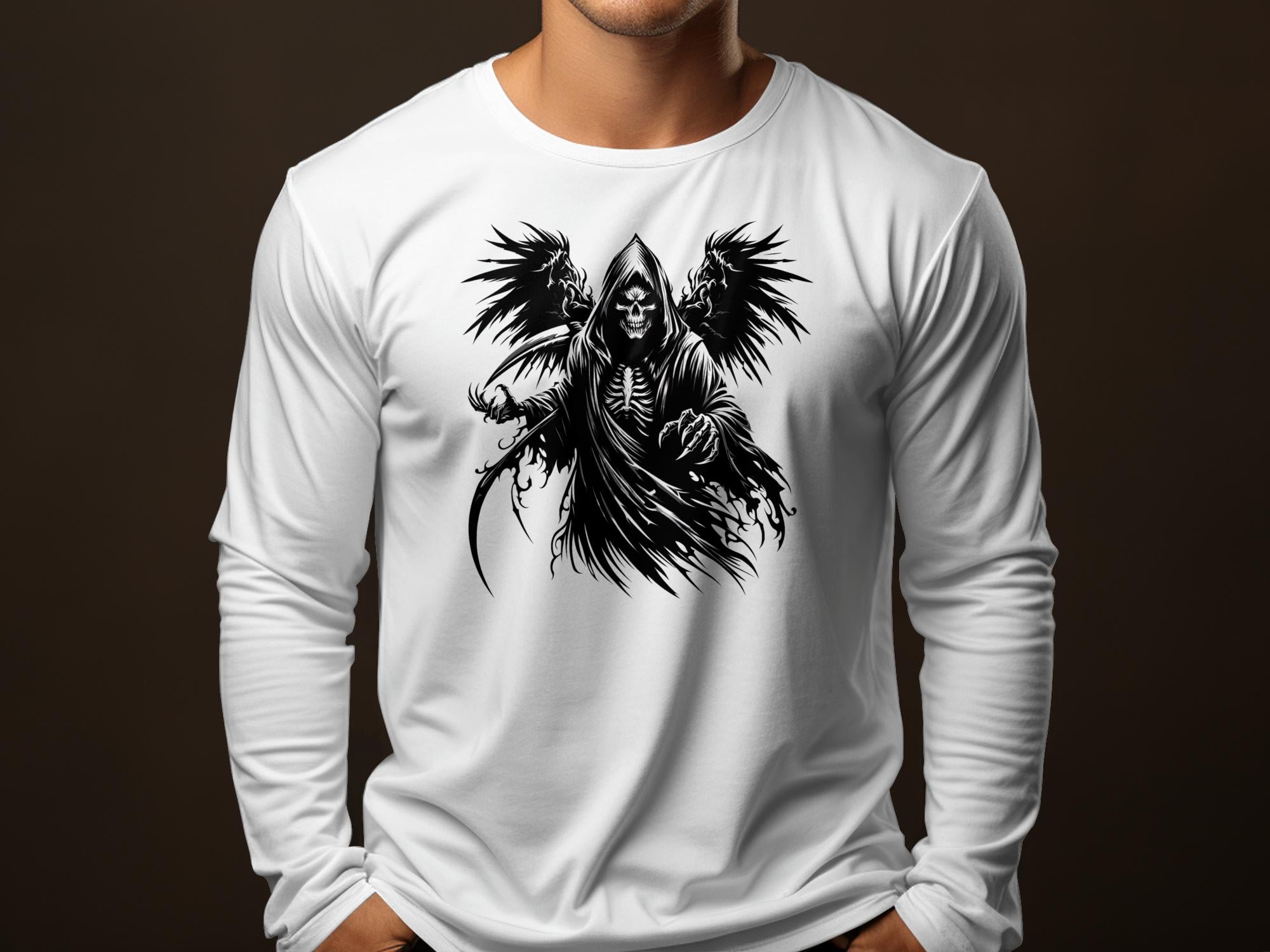 Grim Reaper - Black White Gildan Long Sleeve Commemorative Talisman Unisex Tee Graphic Design