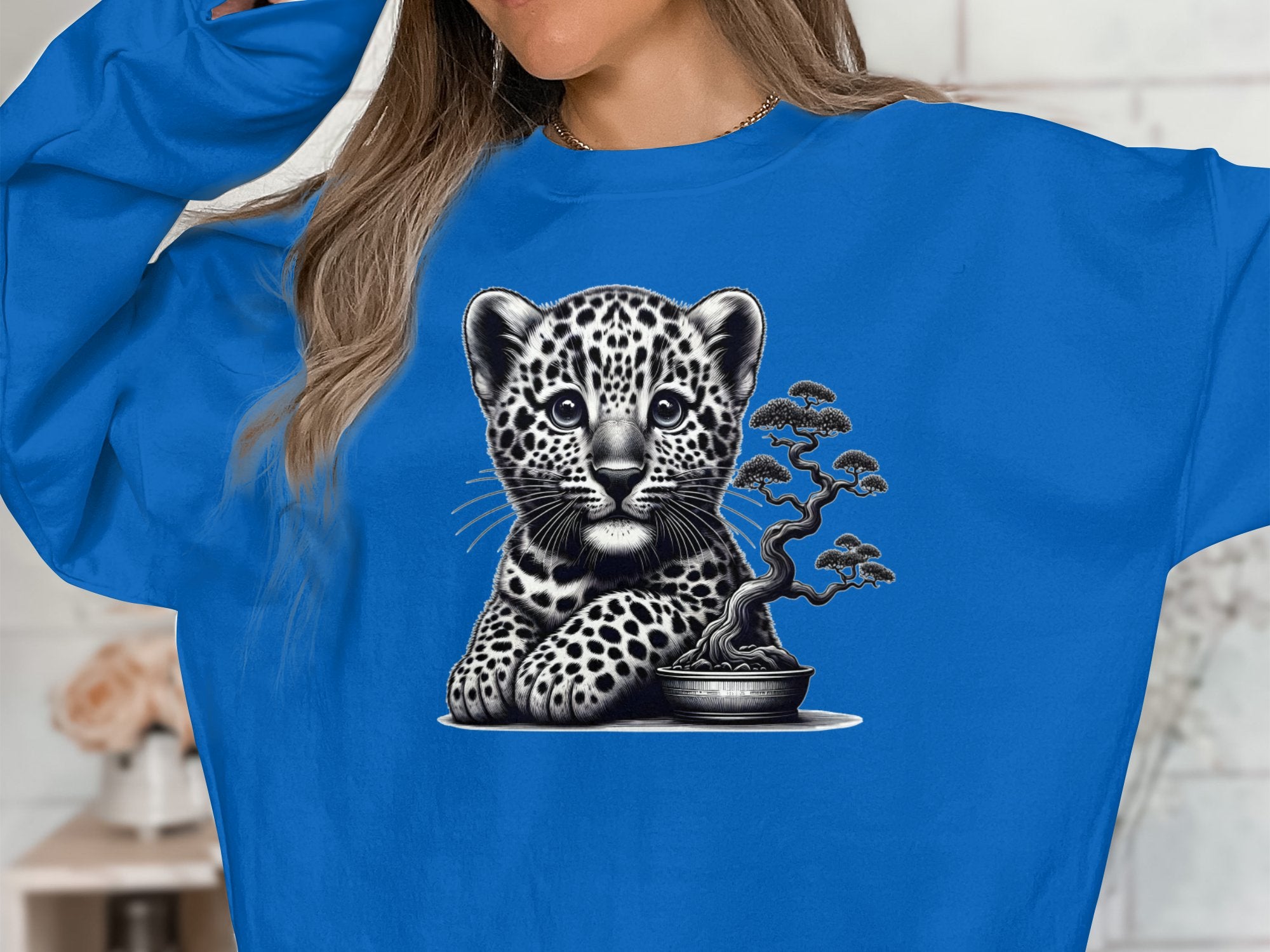 Leopard Bonsai - Coloured Gildan Sweatshirt Realistic Animal Talisman Unisex Cute Tee Graphic Design