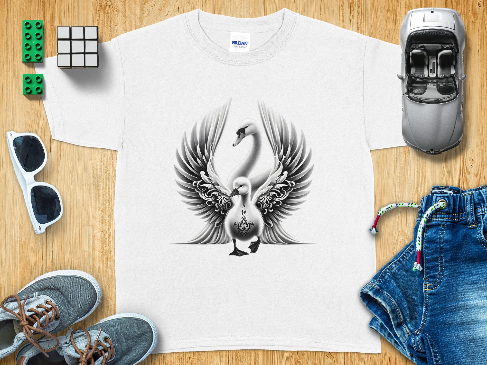 Swan & Cygnet- Black White Gildan Kids T-Shirt Realistic Family Talisman Unisex Tee Graphic Design